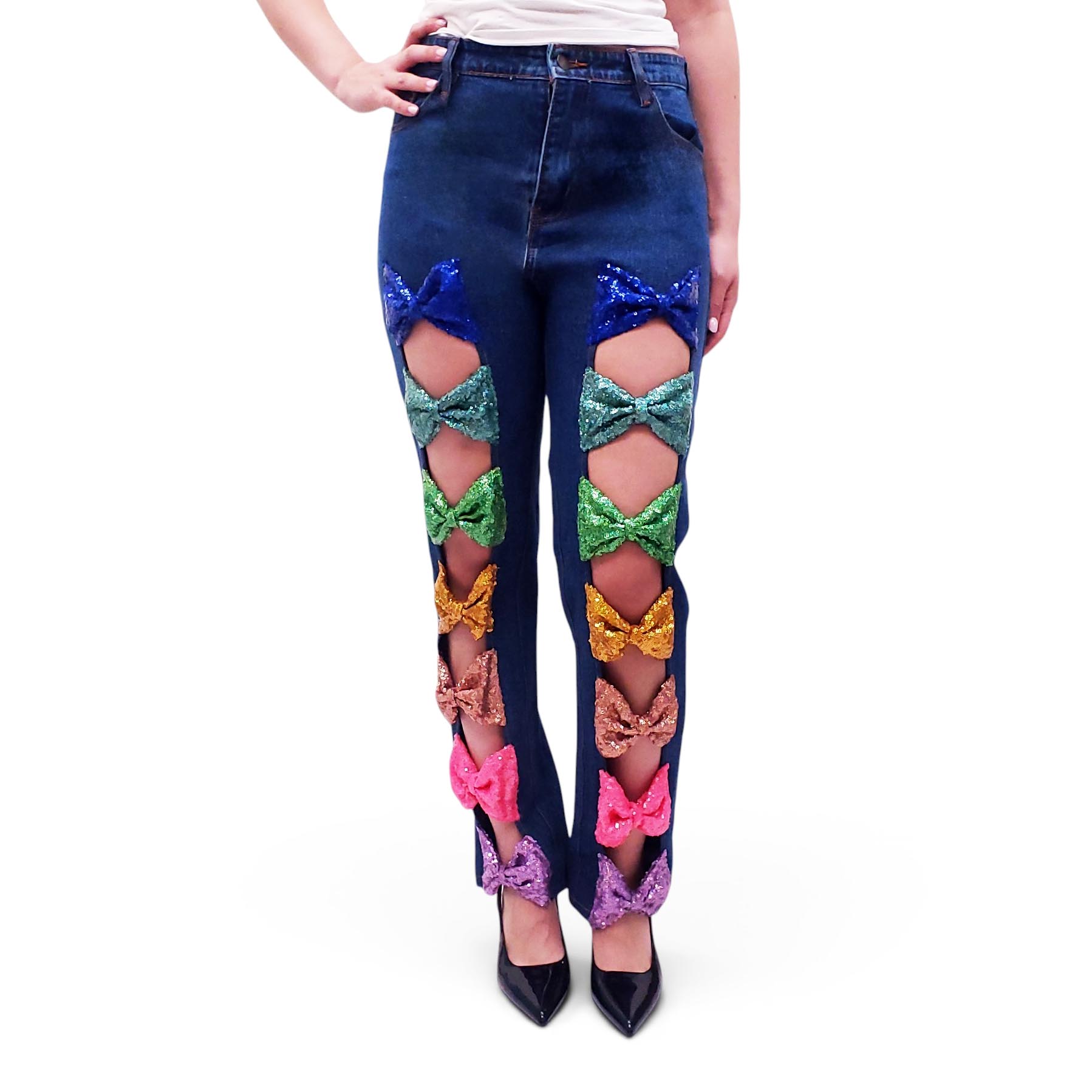 HOUSE OF MUA MUA MULTICOLOURED BOW JEANS - SIZE M