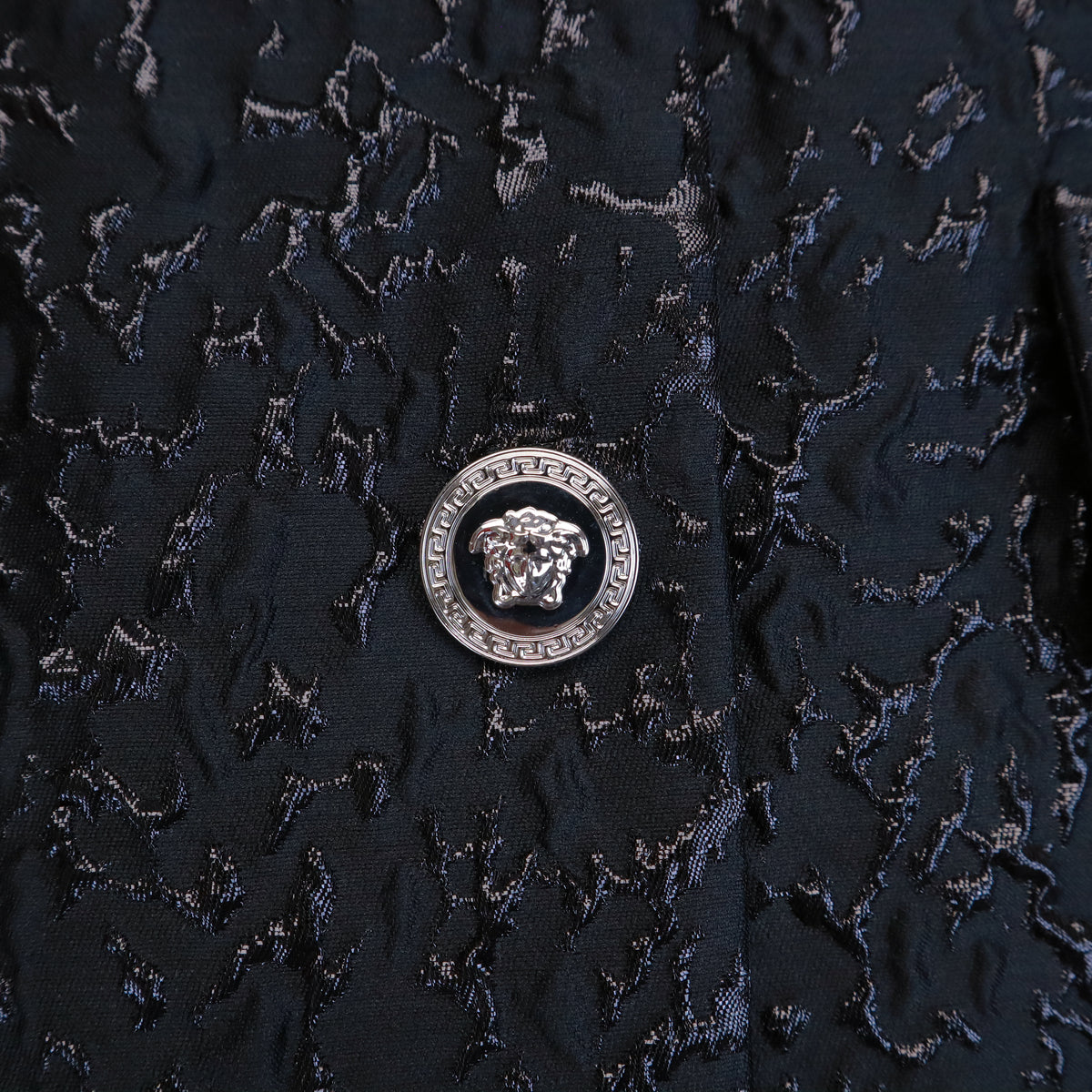VERSACE METALLIC CLOQUE JACKET WITH SILVER MEDUSA BUTTONS - SIZE 40