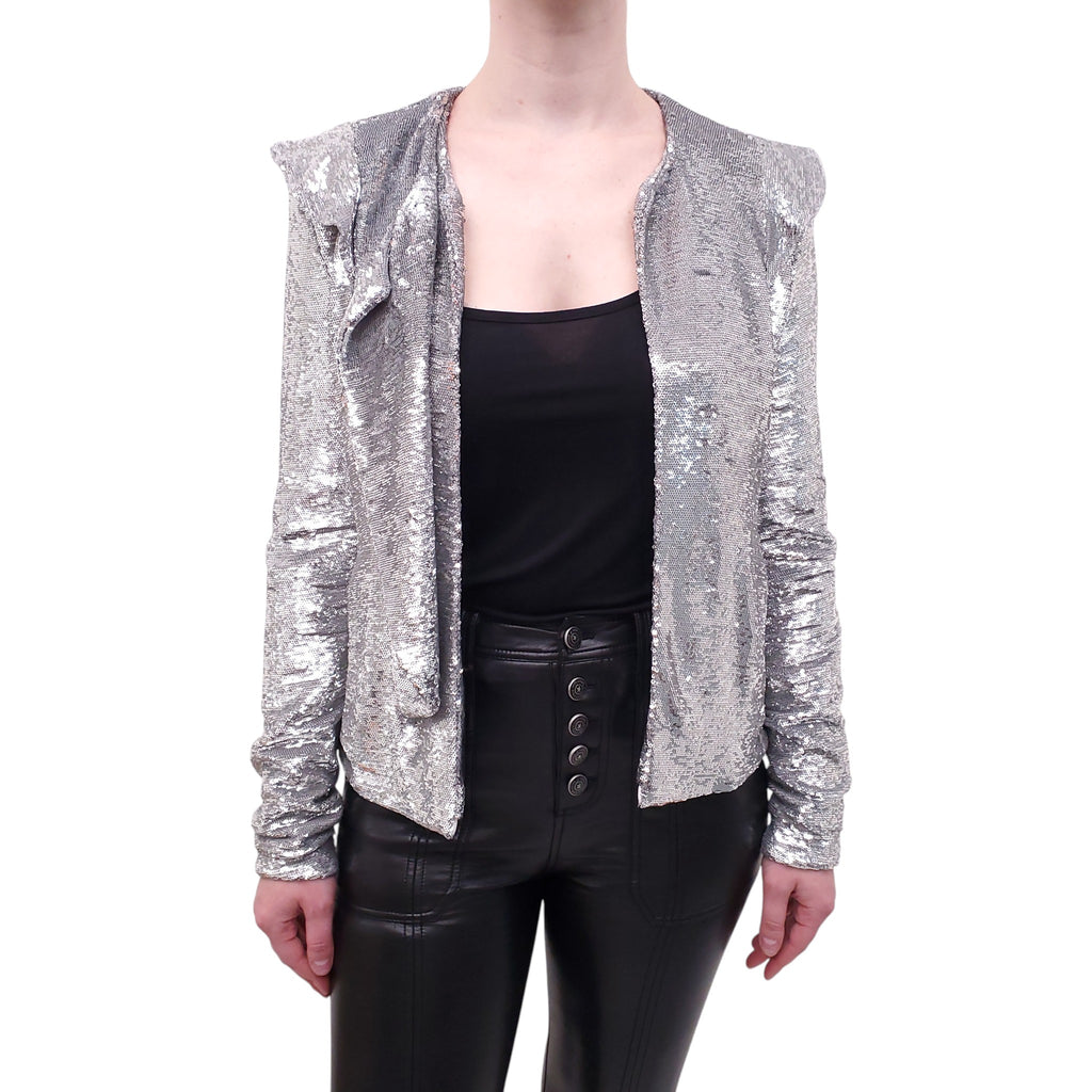IRO SILVER SEQUIN RUFFLE JACKET - SIZE 38