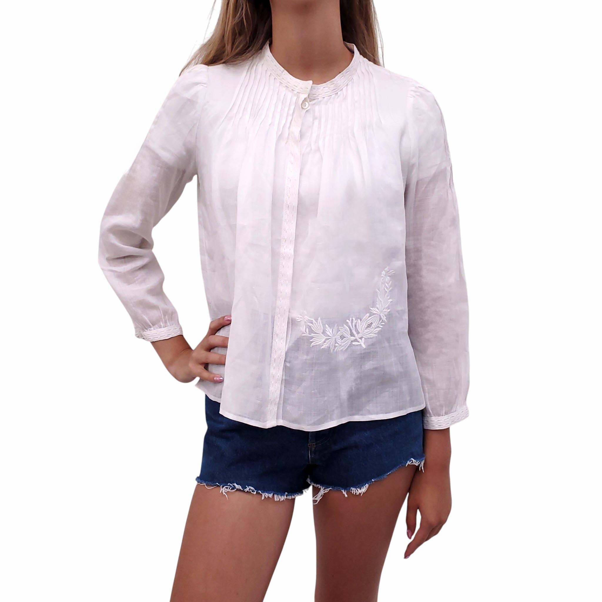 ISABEL MARANT BLACK LABEL WHITE EYELET PLEATED BLOUSE - SIZE 36