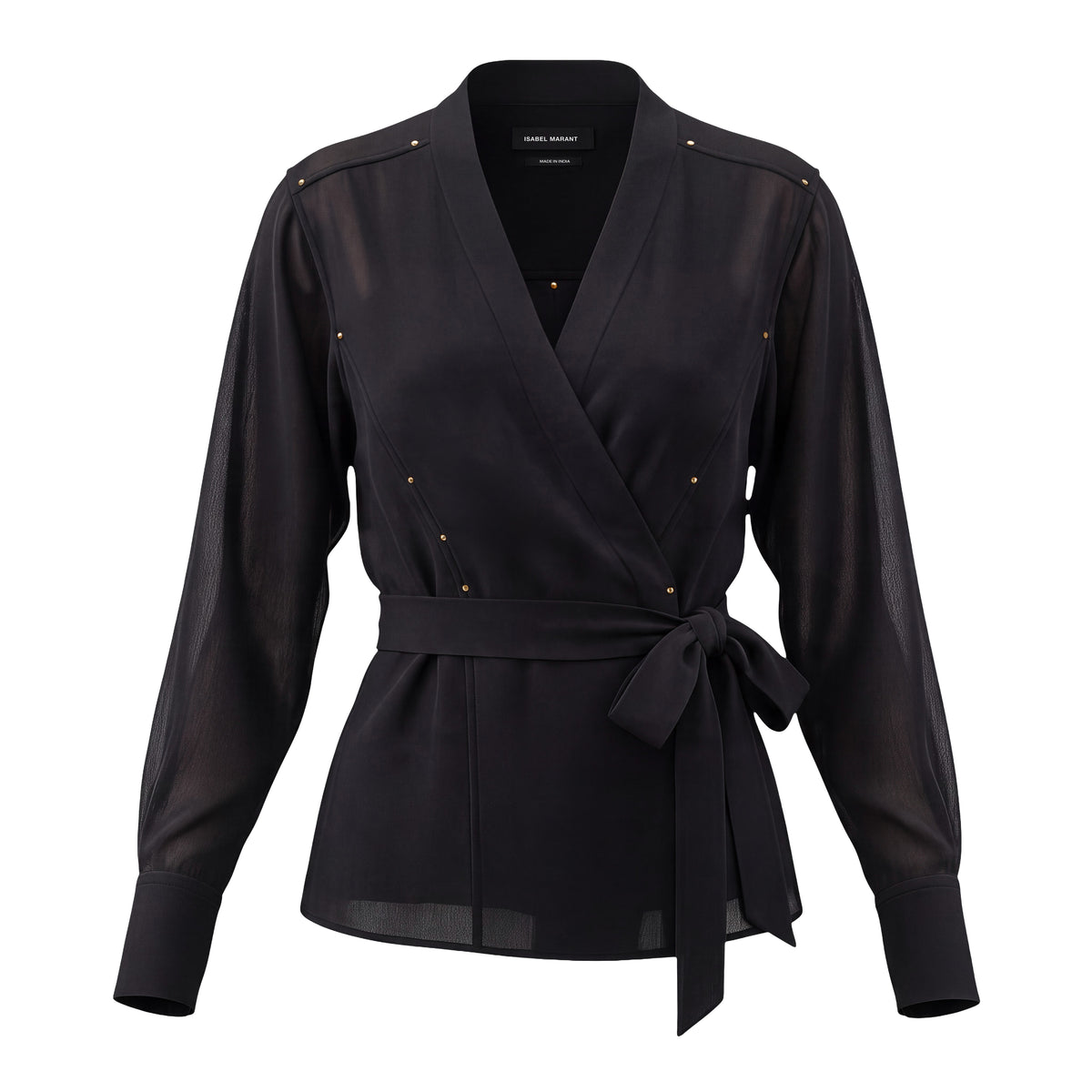 ISABEL MARANT BLACK WRAP BLOUSE WITH STUDDED DETAIL - SIZE 40