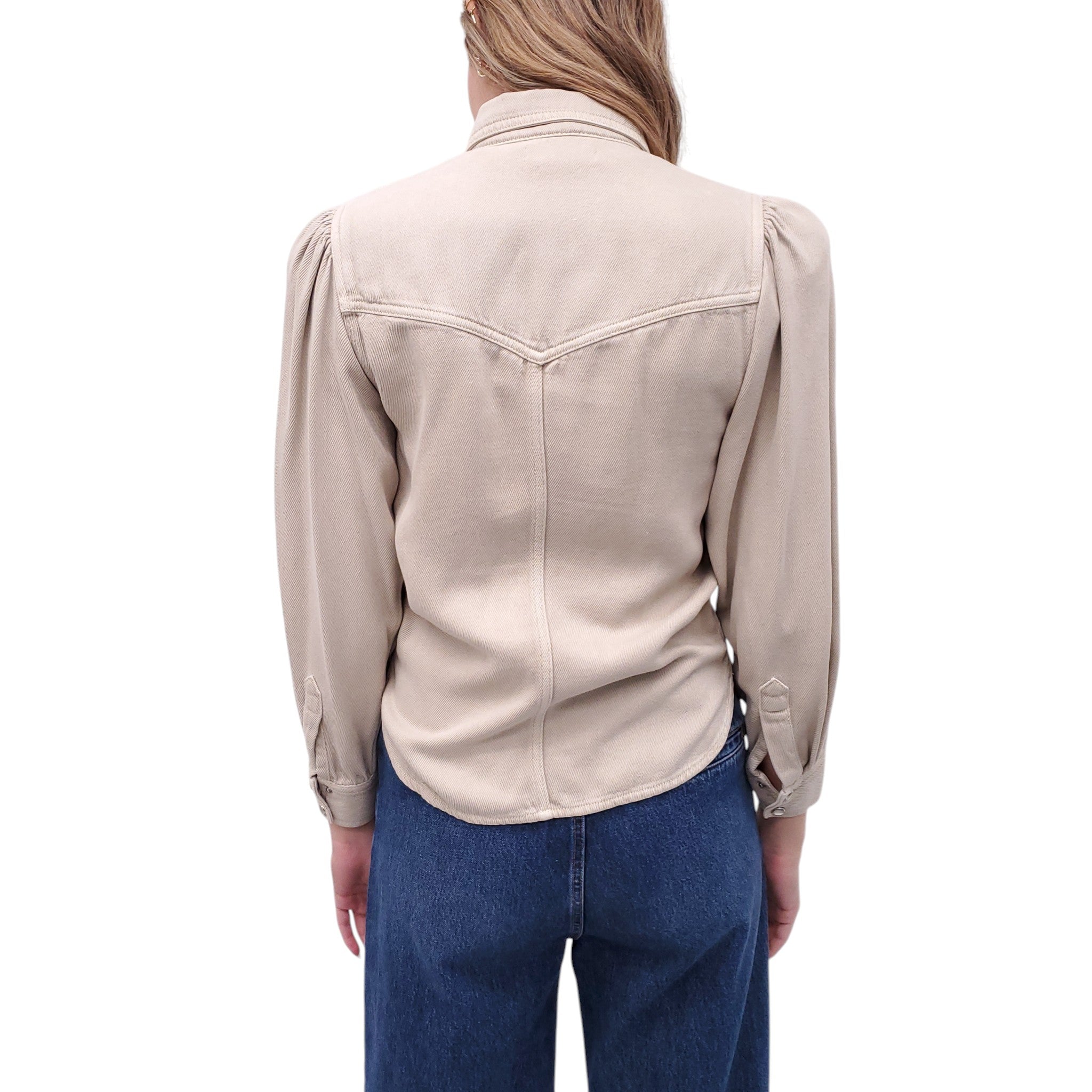 ISABEL MARANT ÉTOILE KHAKI DENIM BLOUSE WITH EXAGGERATED SHOULDERS - SIZE 34