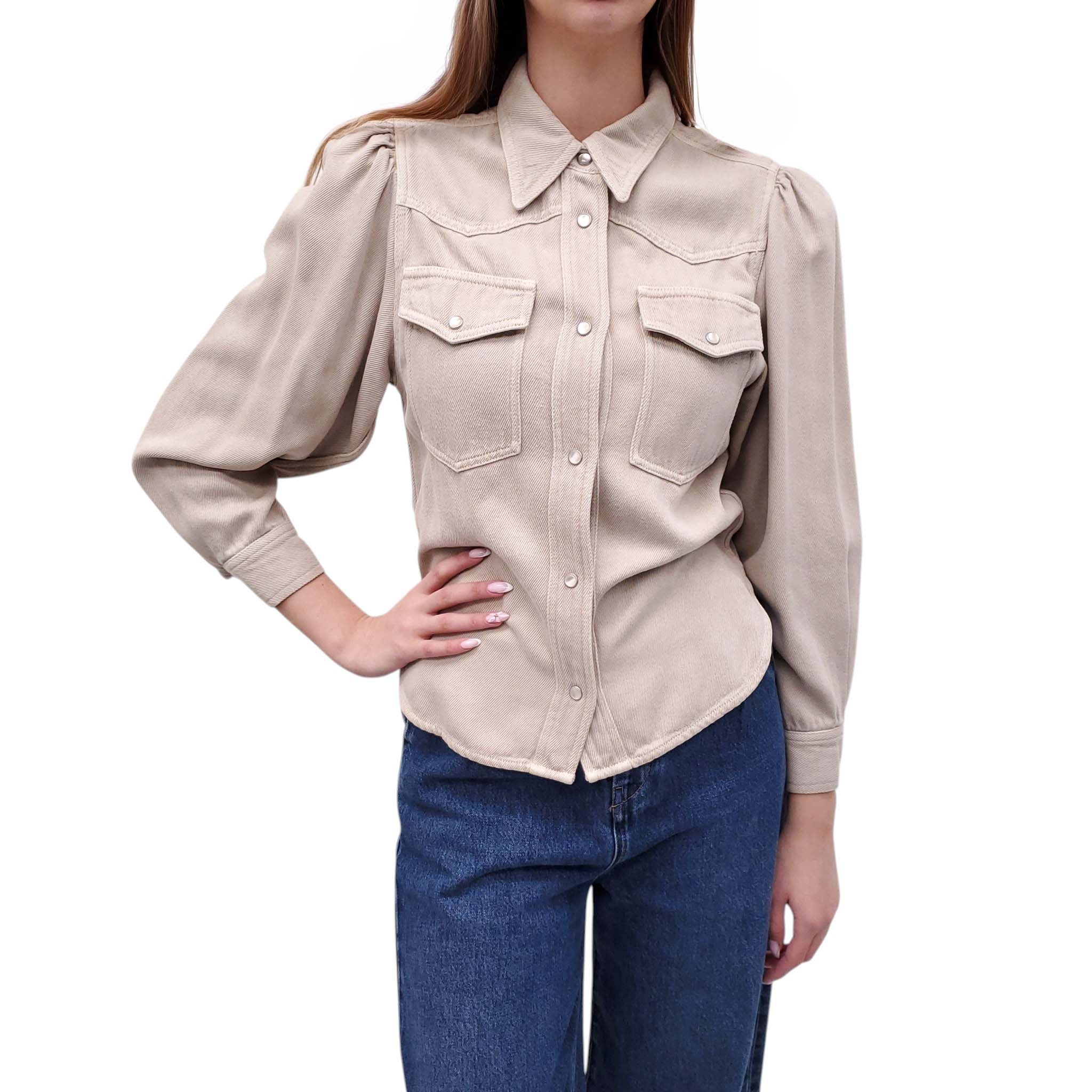 ISABEL MARANT ÉTOILE KHAKI DENIM BLOUSE WITH EXAGGERATED SHOULDERS - SIZE 34