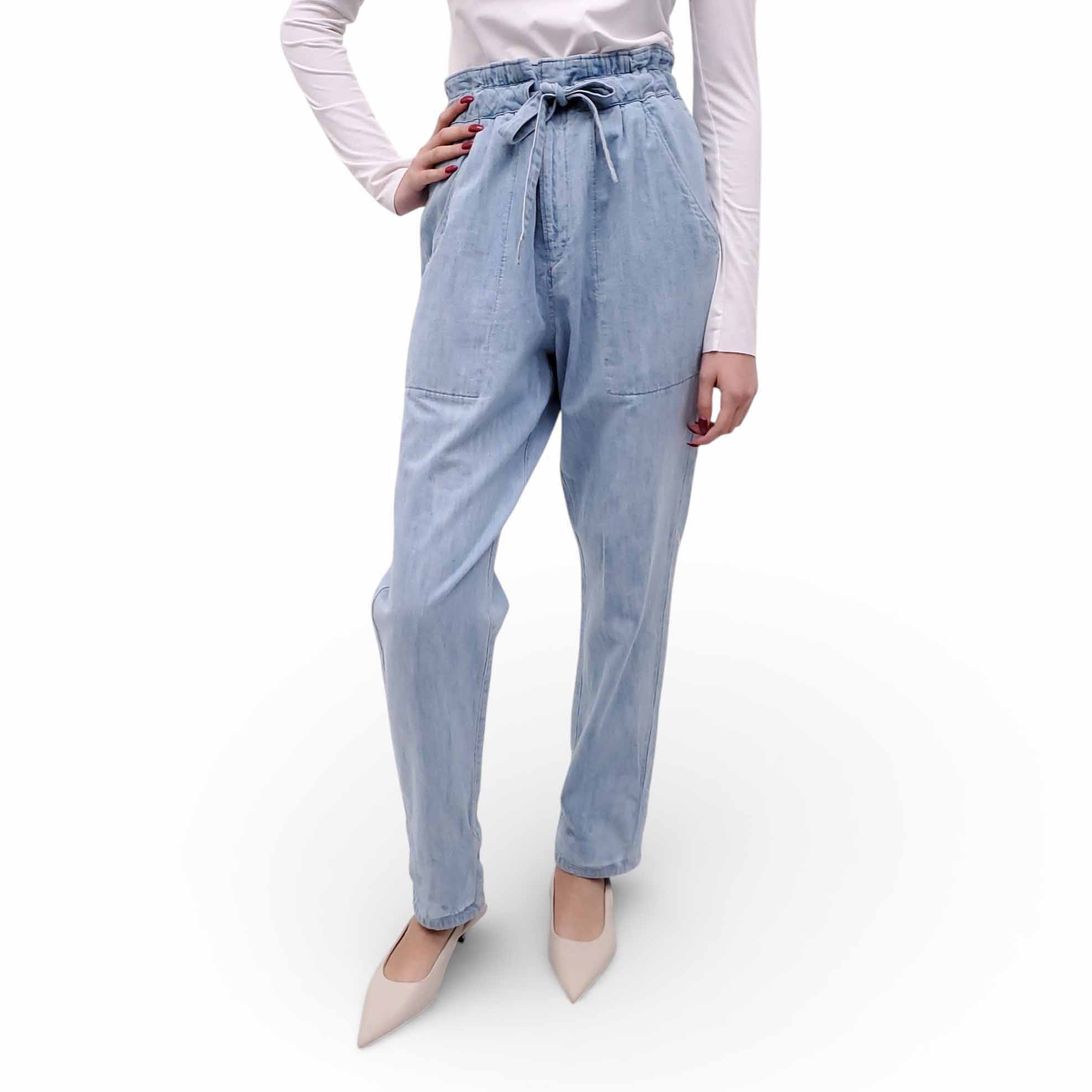 ISABEL MARANT ÉTOILE LIGHT WASH DENIM EFFECT COTTON TROUSERS WITH TIE - SIZE 40