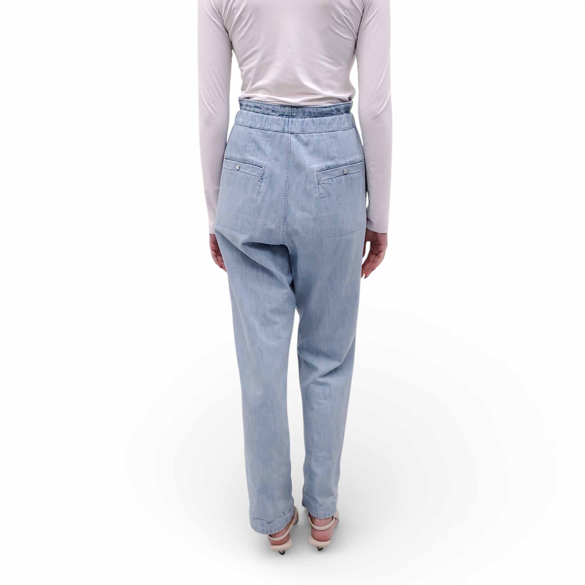 ISABEL MARANT ÉTOILE LIGHT WASH DENIM EFFECT COTTON TROUSERS WITH TIE - SIZE 40