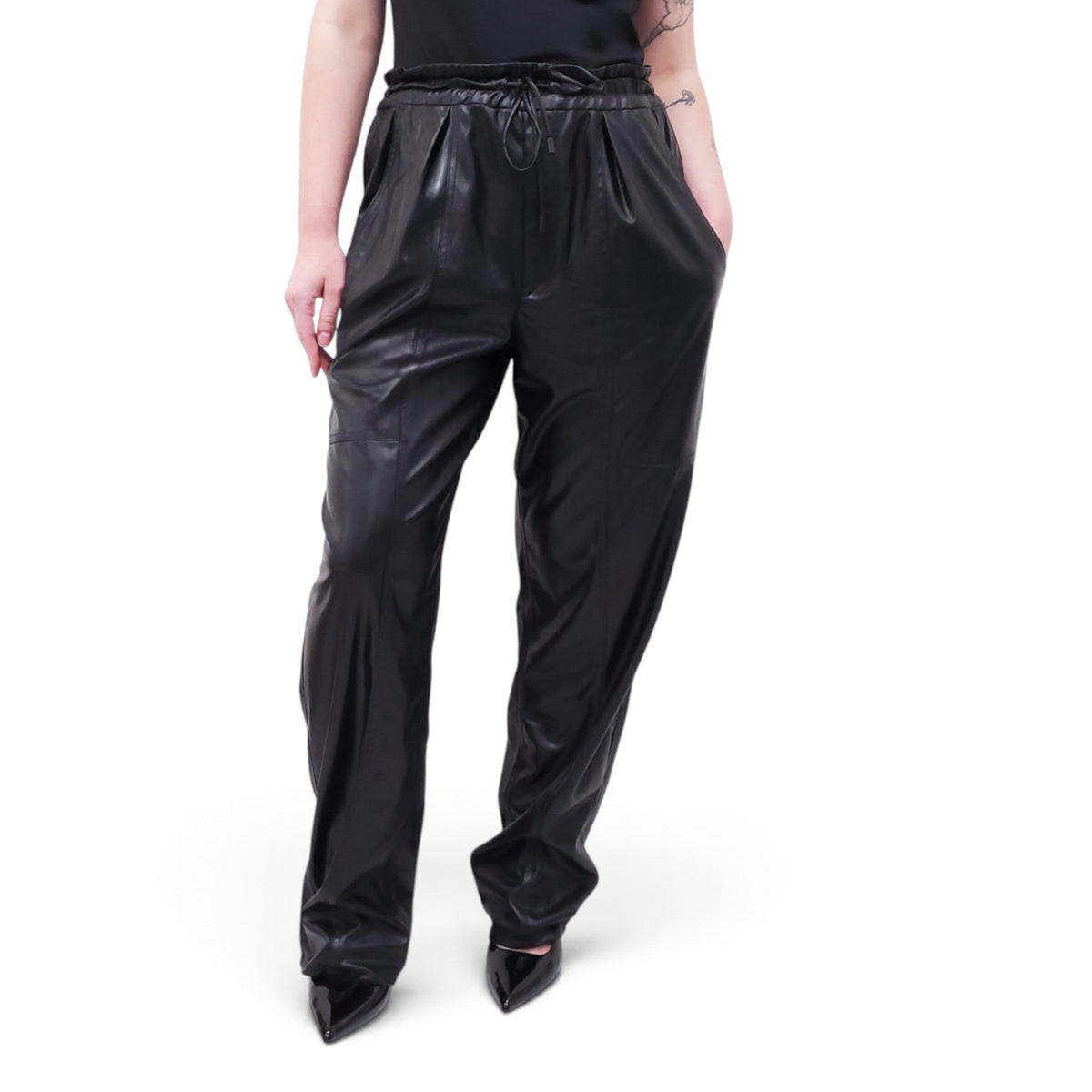 ISABEL MARANT ETOILE VEGAN LEATHER ELASTIC WAIST TROUSER - SIZE 40