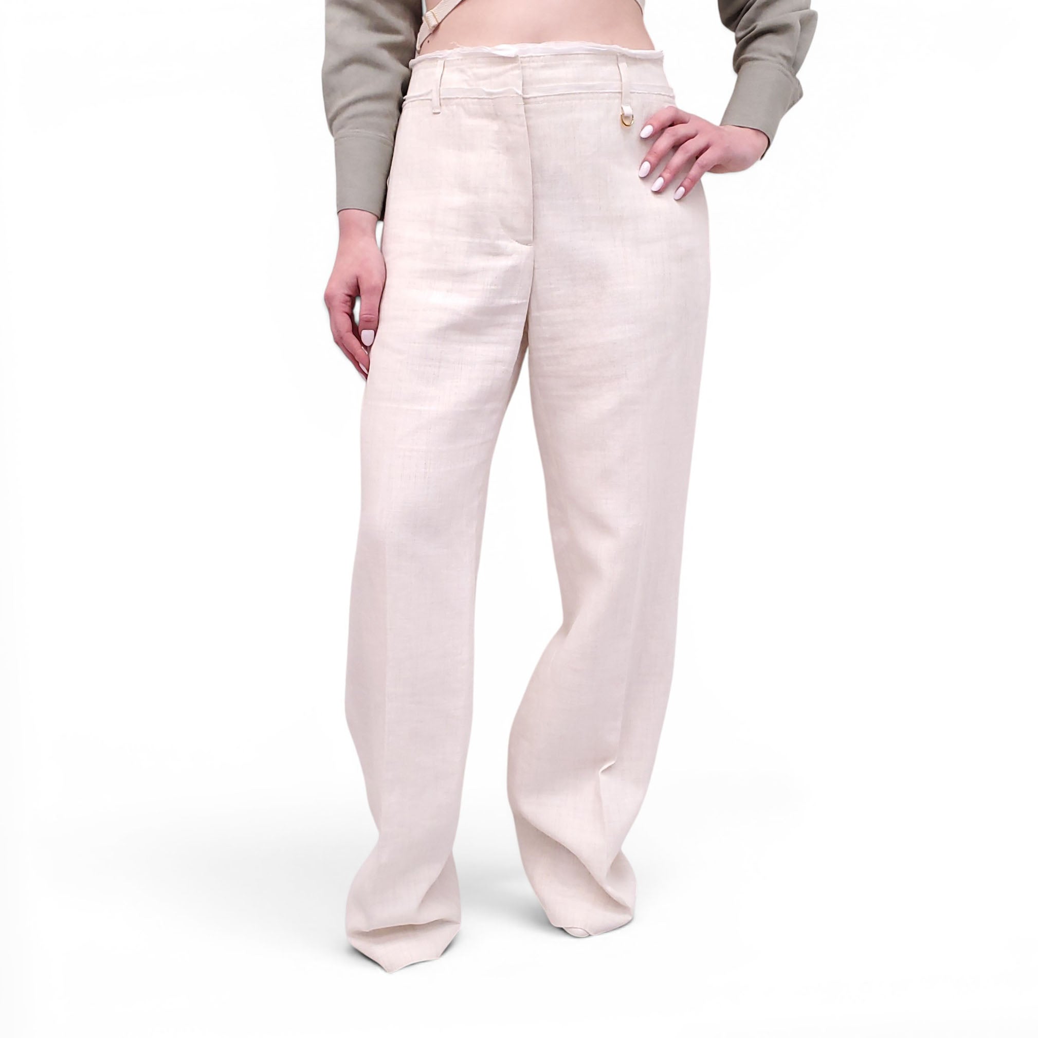 JACQUEMUS CREAM LINEN 'LE CHOUCHOU' TROUSERS - SIZE 42