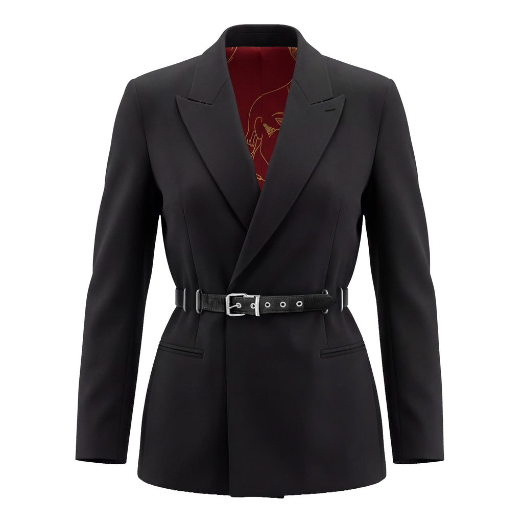 JEAN PAUL GAULTIER BLACK SUIT WITH LEATHER BELT BACK DETAIL DETAILED TROUSERS - VINTAGE SIZE 10 (FITS SIZE 6)