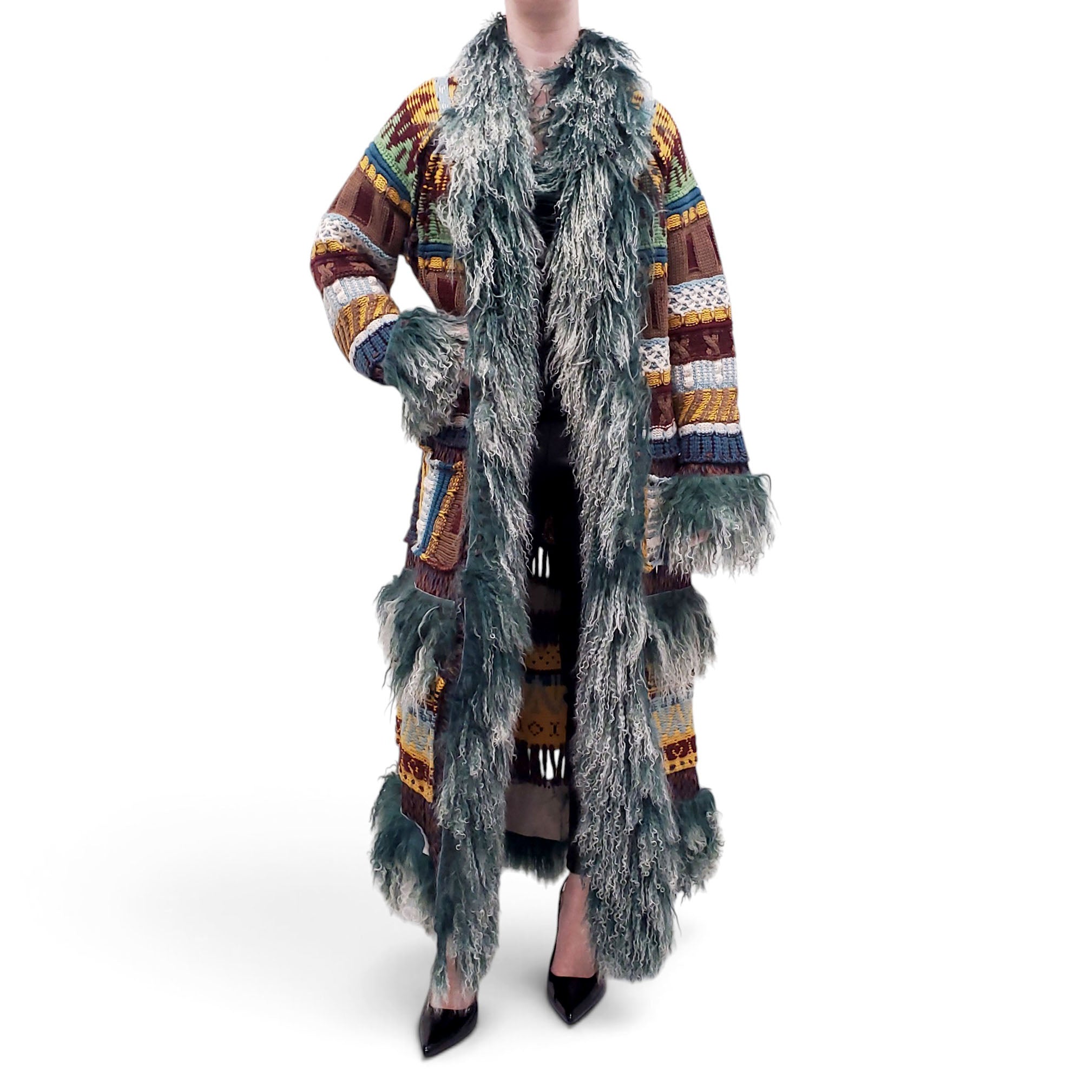 JEAN PAUL GAULTIER MULTICOLOUR VIRGIN WOOL COAT WITH MONGOLIAN FUR DETAIL - SIZE M