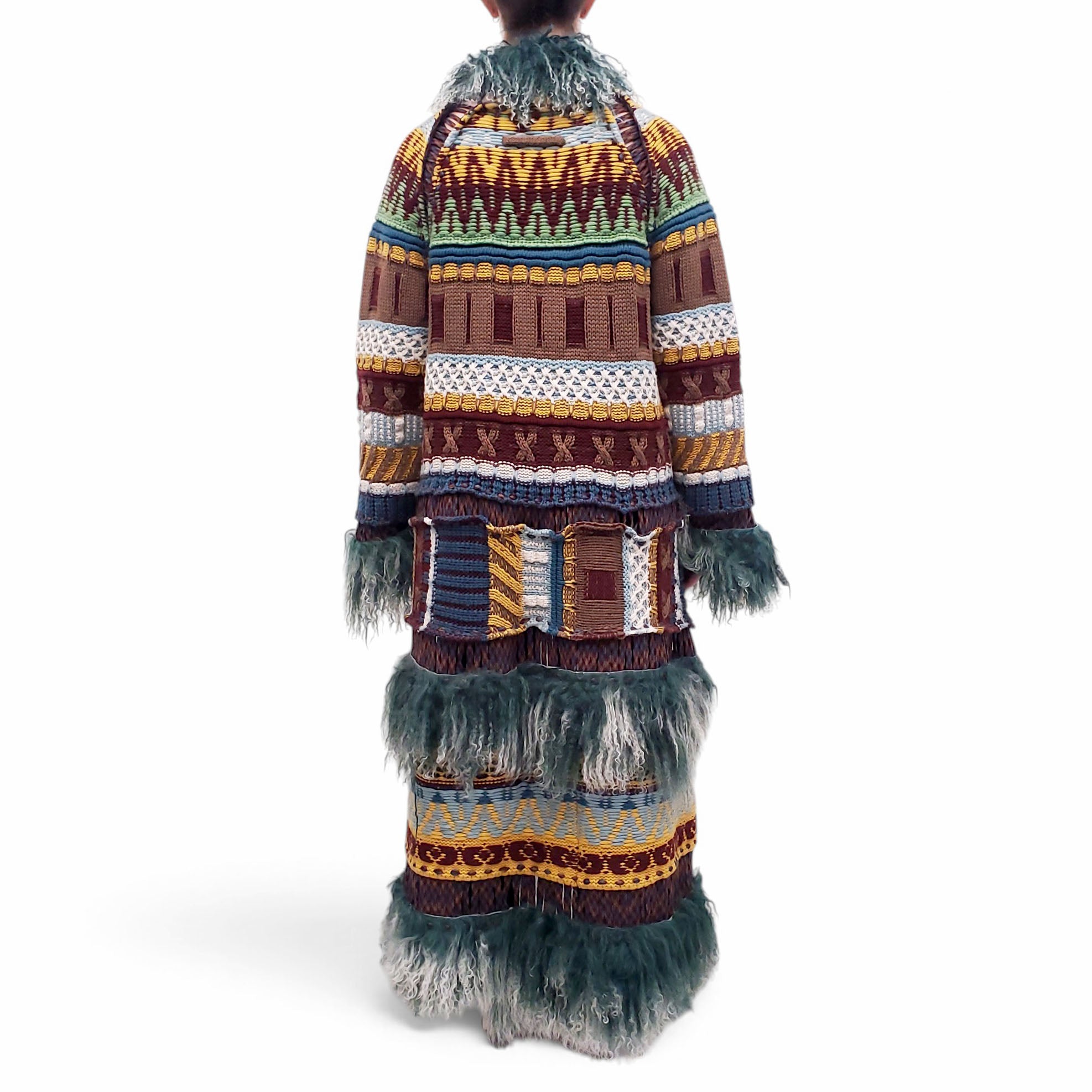 JEAN PAUL GAULTIER MULTICOLOUR VIRGIN WOOL COAT WITH MONGOLIAN FUR DETAIL - SIZE M