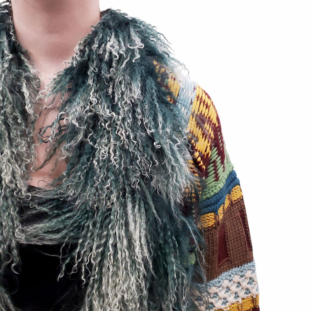 JEAN PAUL GAULTIER MULTICOLOUR VIRGIN WOOL COAT WITH MONGOLIAN FUR DETAIL - SIZE M