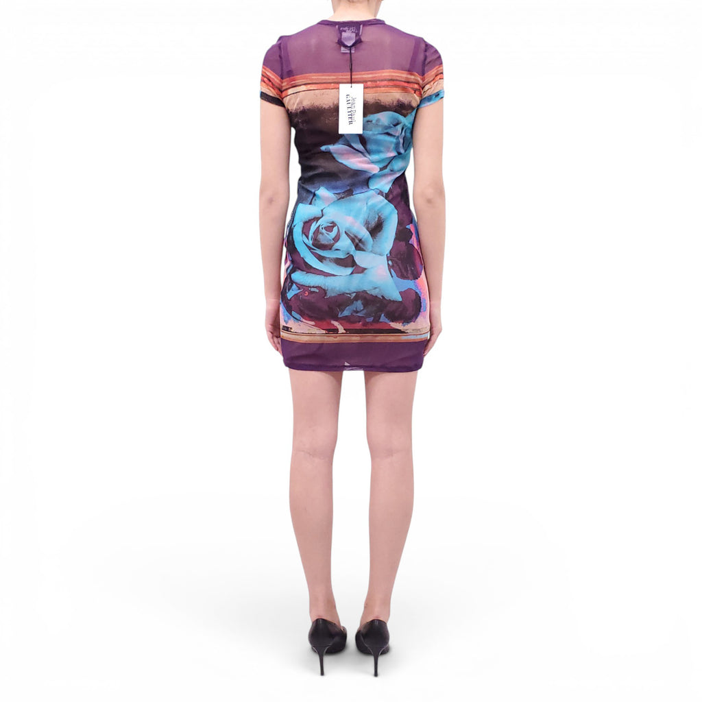 JEAN PAUL GAULTIER PURPLE ROSE PRINT MESH DRESS - SIZE M