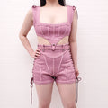 JEAN PAUL GAULTIER X KNWLS LACE UP PINK DENIM CROP TOP WITH MATCHING SHORTS - SIZE 40
