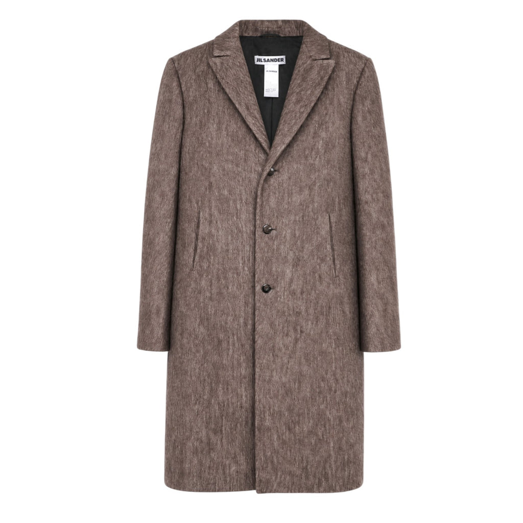JIL SANDER BROWN MOHAIR HERRINGBONE LONG COAT - SIZE 38