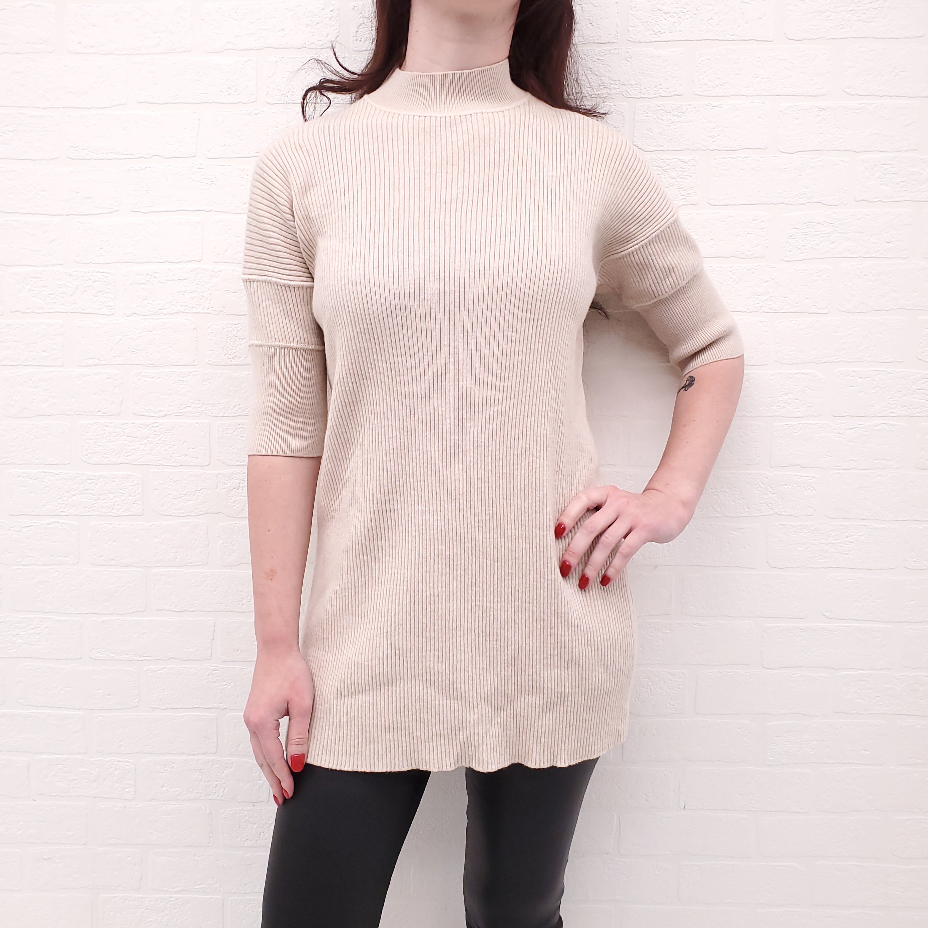 JIL SANDER OVERSIZED CREAM RIBBED SHORT SLEEVE SWEATER - SIZE 34