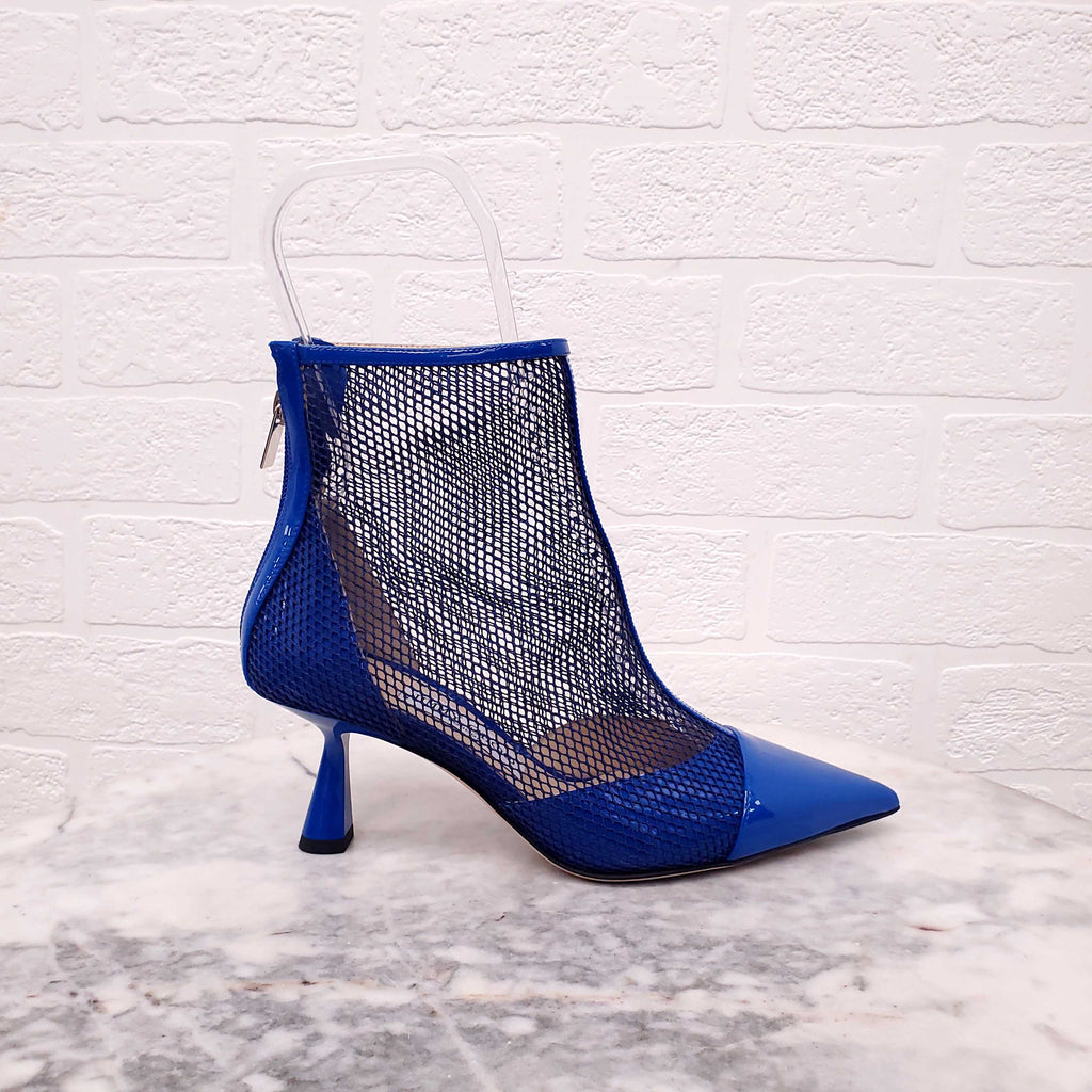 JIMMY CHOO NET BLUE PATENT BOOTIES - SIZE 36.5