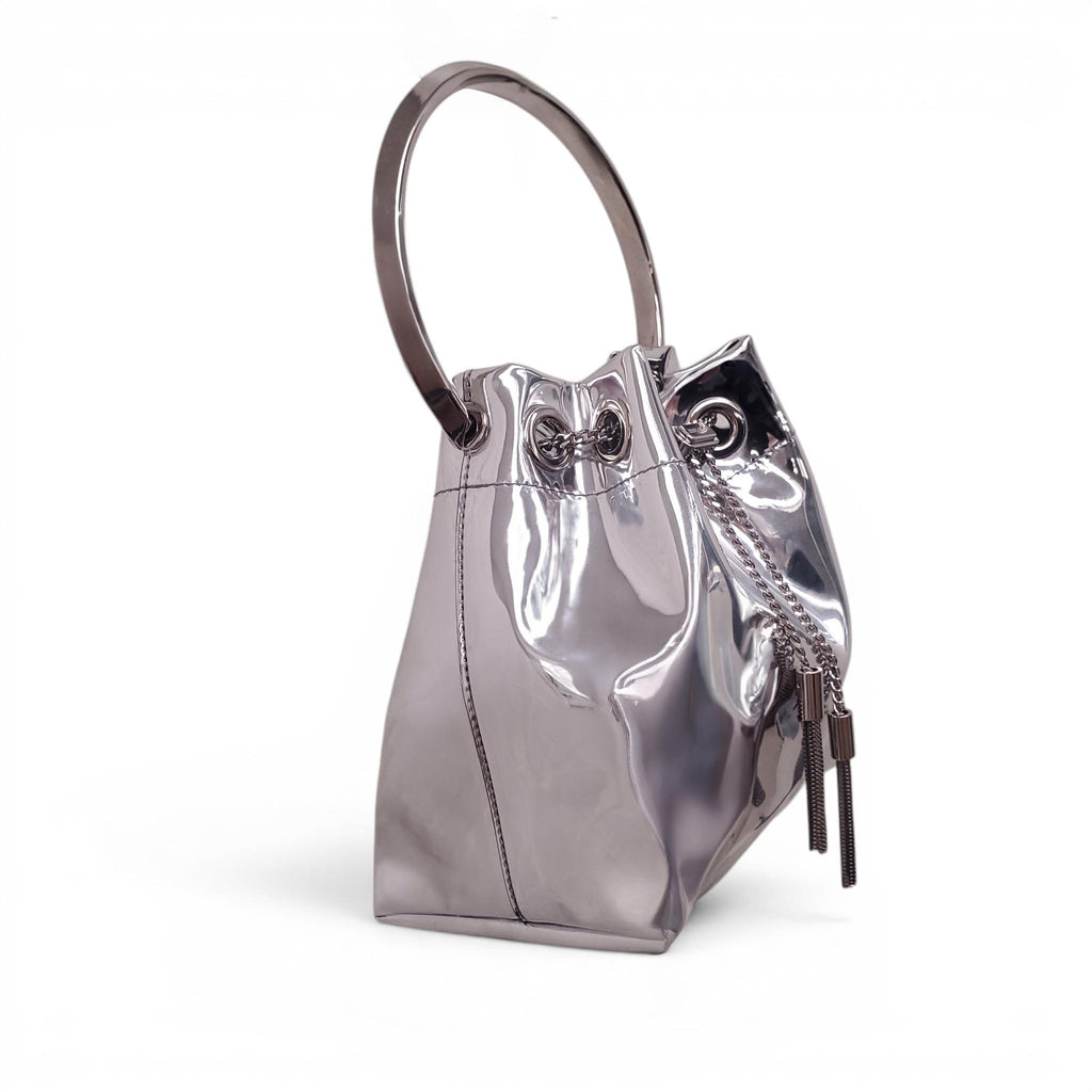 JIMMY CHOO SILVER METALLIC BON-BON BUCKET BAG