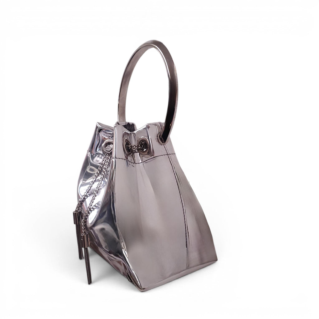 JIMMY CHOO SILVER METALLIC BON-BON BUCKET BAG