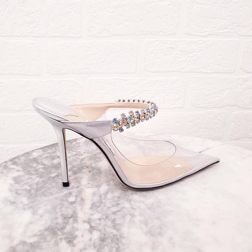 JIMMY CHOO SILVER PVC MULES WITH CRYSTAL STRAP - SIZE 39