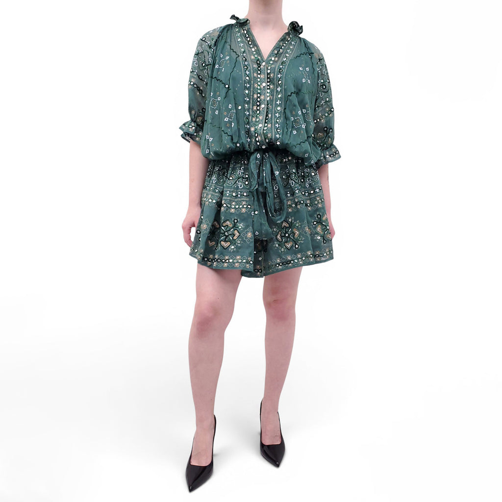 JULIET DUNN GREEN PATTERNED MIRROR-EMBELLISHED DRESS - SIZE 3 (M/L)