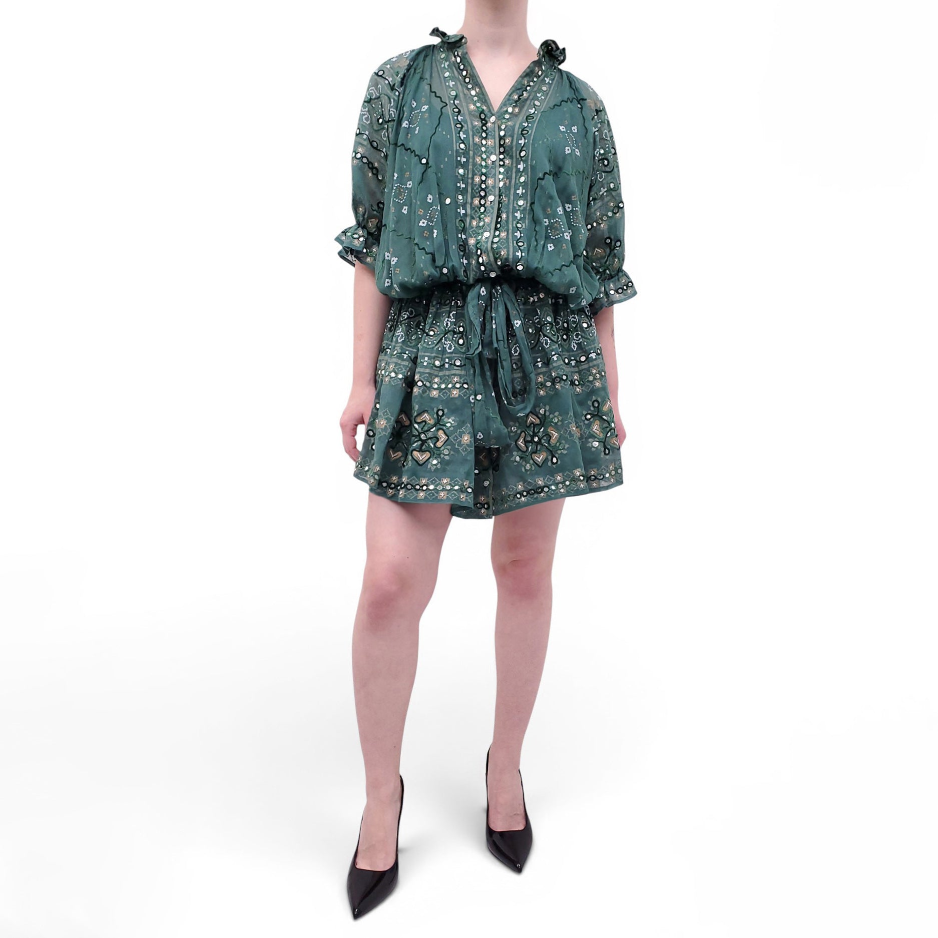 JULIET DUNN GREEN PATTERNED MIRROR-EMBELLISHED DRESS - SIZE 3 (M/L)