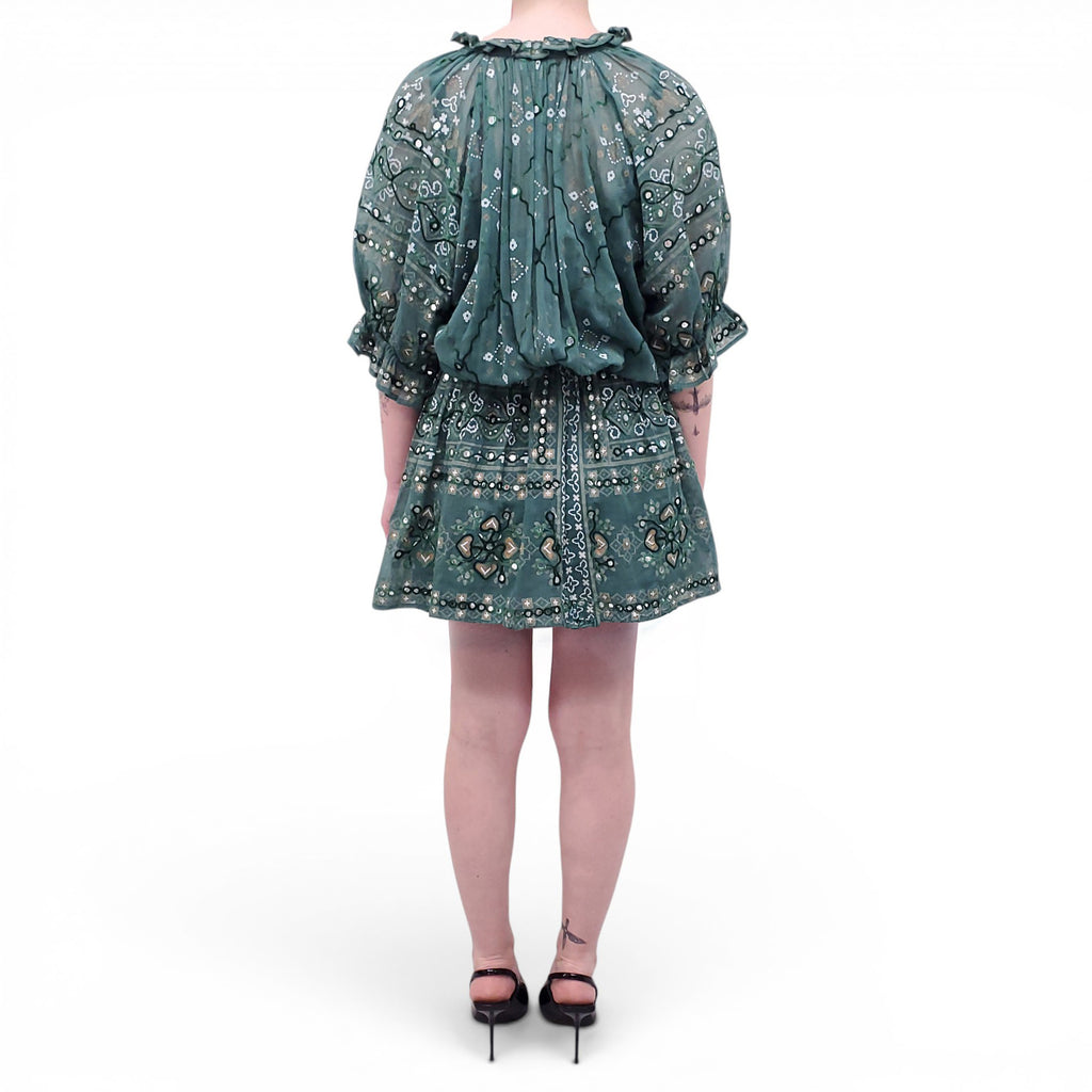 JULIET DUNN GREEN PATTERNED MIRROR-EMBELLISHED DRESS - SIZE 3 (M/L)