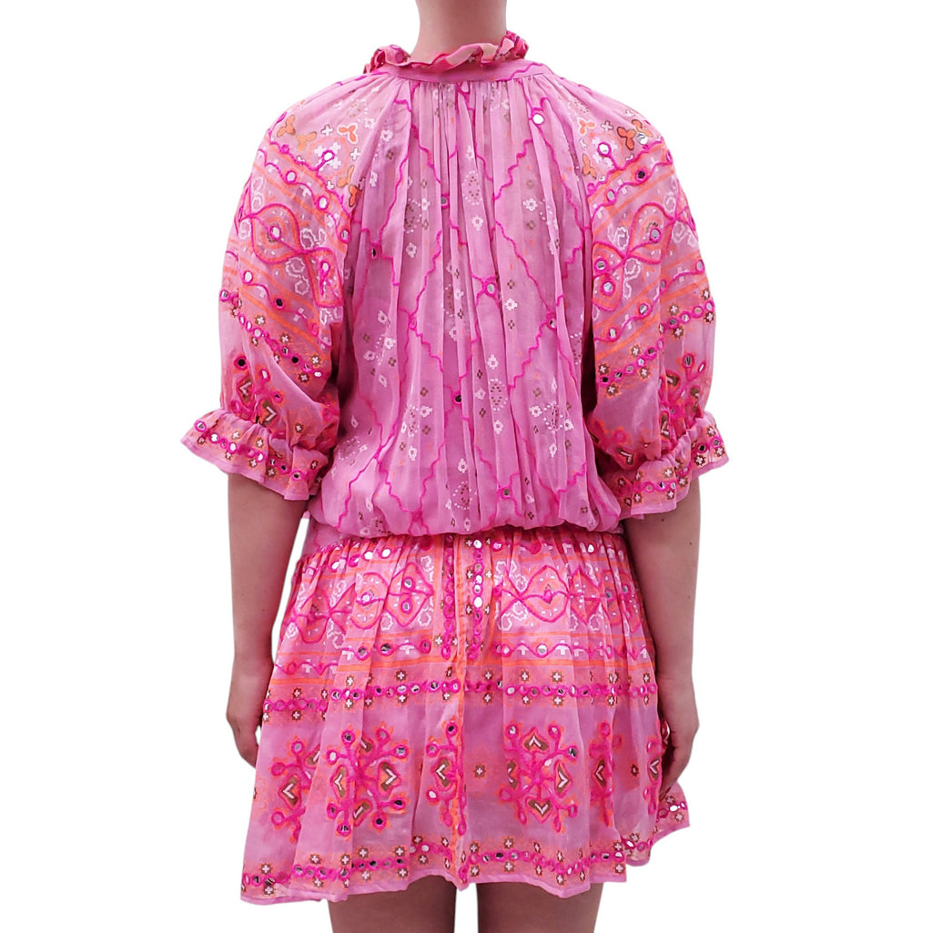 JULIET DUNN PINK PATTERNED MIRROR-EMBELLISHED DRESS - SIZE 3 (M/L)