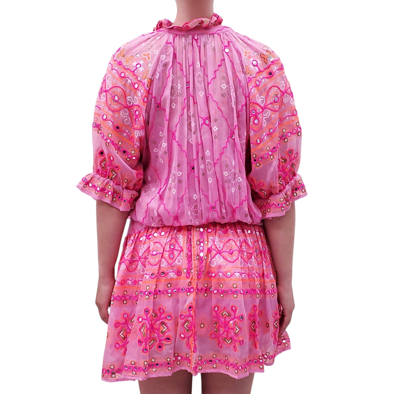 JULIET DUNN PINK PATTERNED MIRROR-EMBELLISHED DRESS - SIZE 3 (M/L)