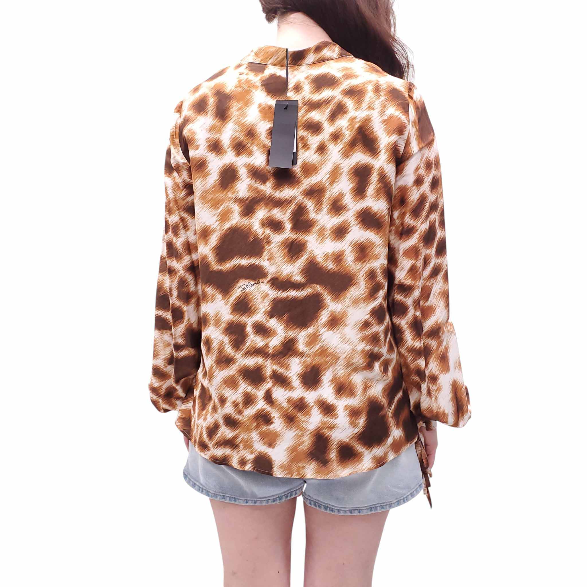 JUST CAVALLI BROWN LEOPARD PRINT BLOUSE WITH TIE DETAIL - SIZE 40