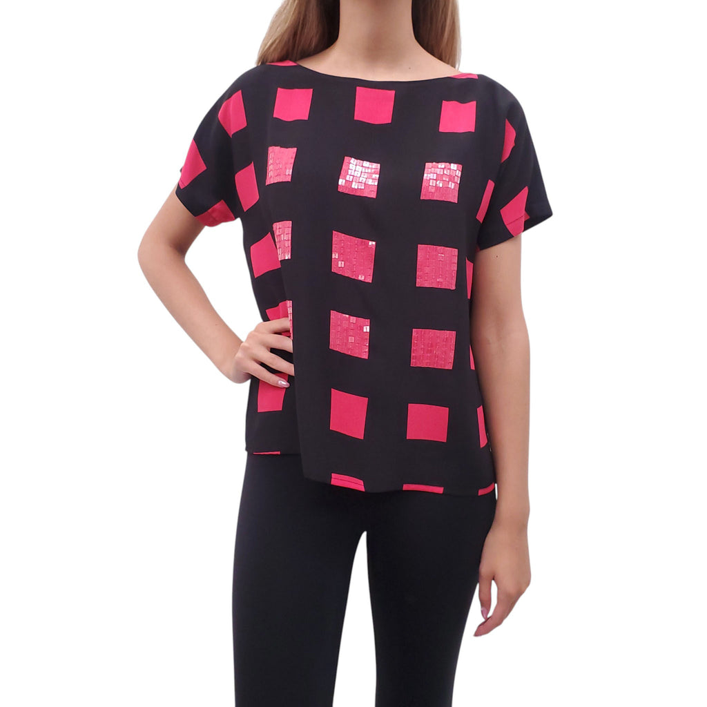 KENZO BLACK AND HOT PINK SEQUIN TOP - SIZE 34