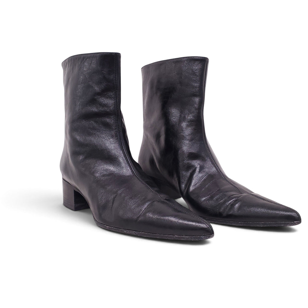 KHAITE BLACK ‘ANDEE’ ANKLE LEATHER POINTED ANKLE BOOTS - SIZE 38