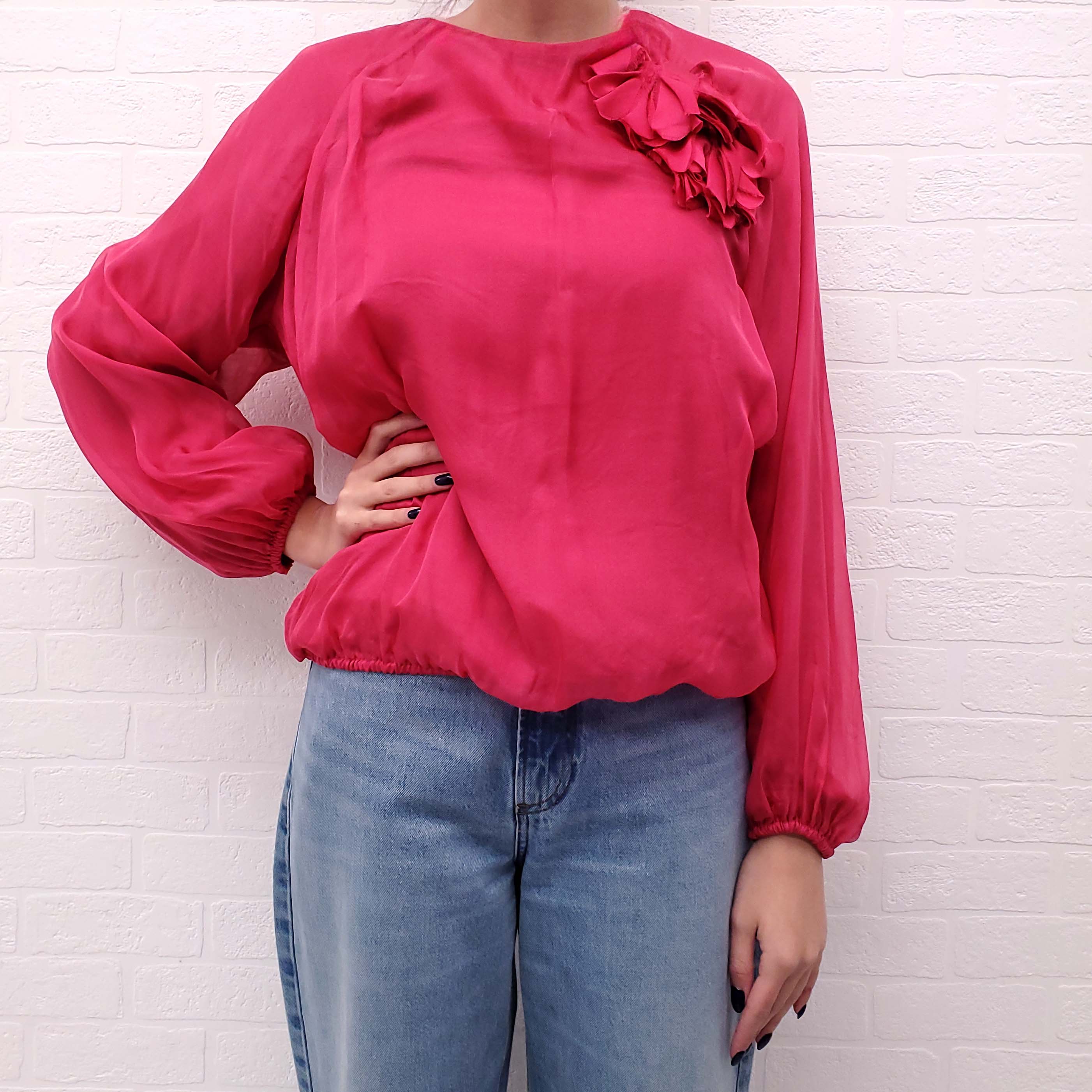 LANVIN PINK SILK BLOUSE WITH FLORAL DETAIL - SIZE M