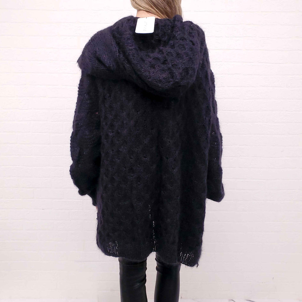 LETANNE BLACK KNIT SWEATER WITH HOOD - SIZE O/S