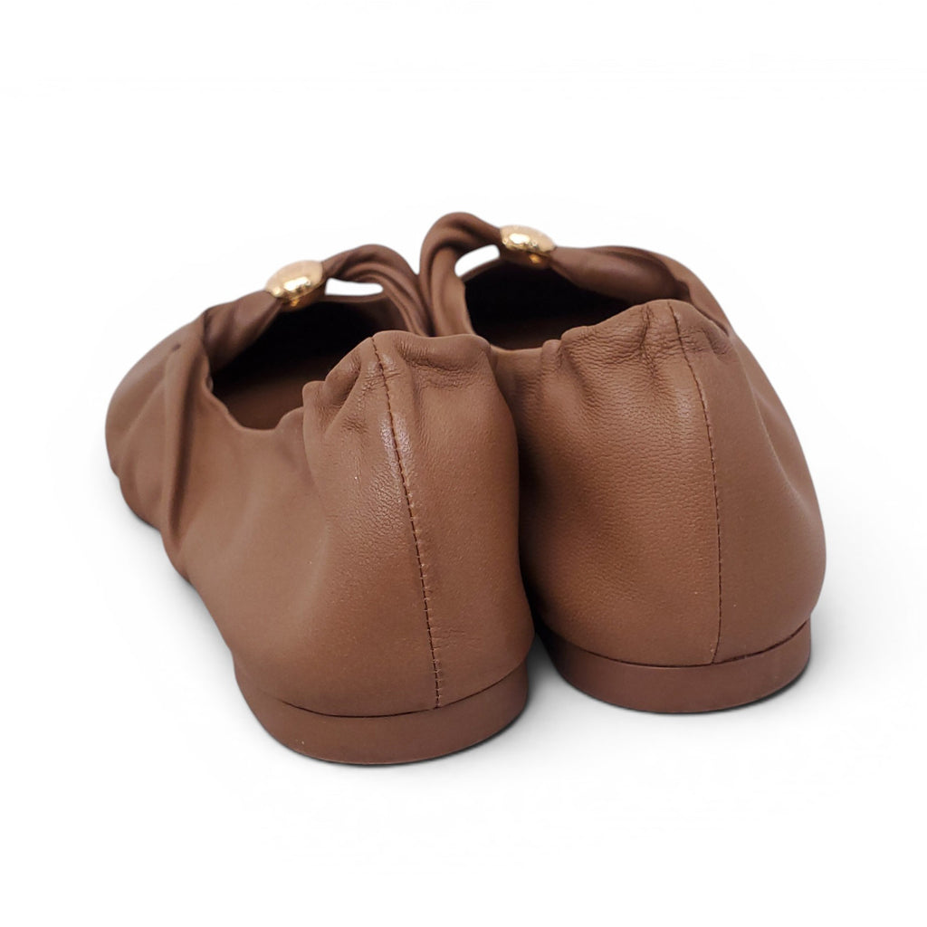 LOEWE CAMEL LEATHER FLATS WITH GOLD ANAGRAM LOGO - SIZE 37