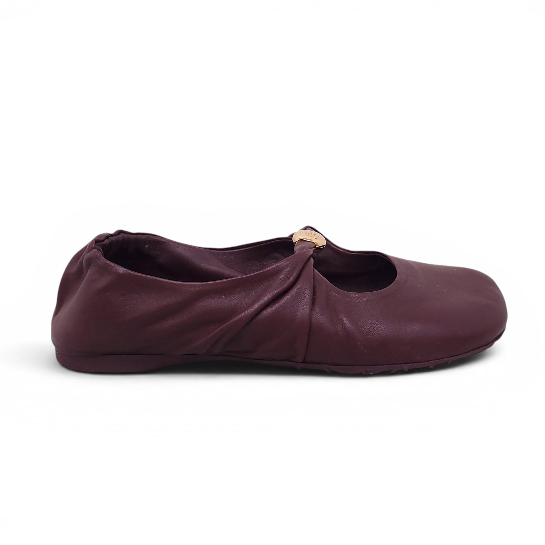 LOEWE MAROON LEATHER FLATS WITH GOLD ANAGRAM LOGO - SIZE 36