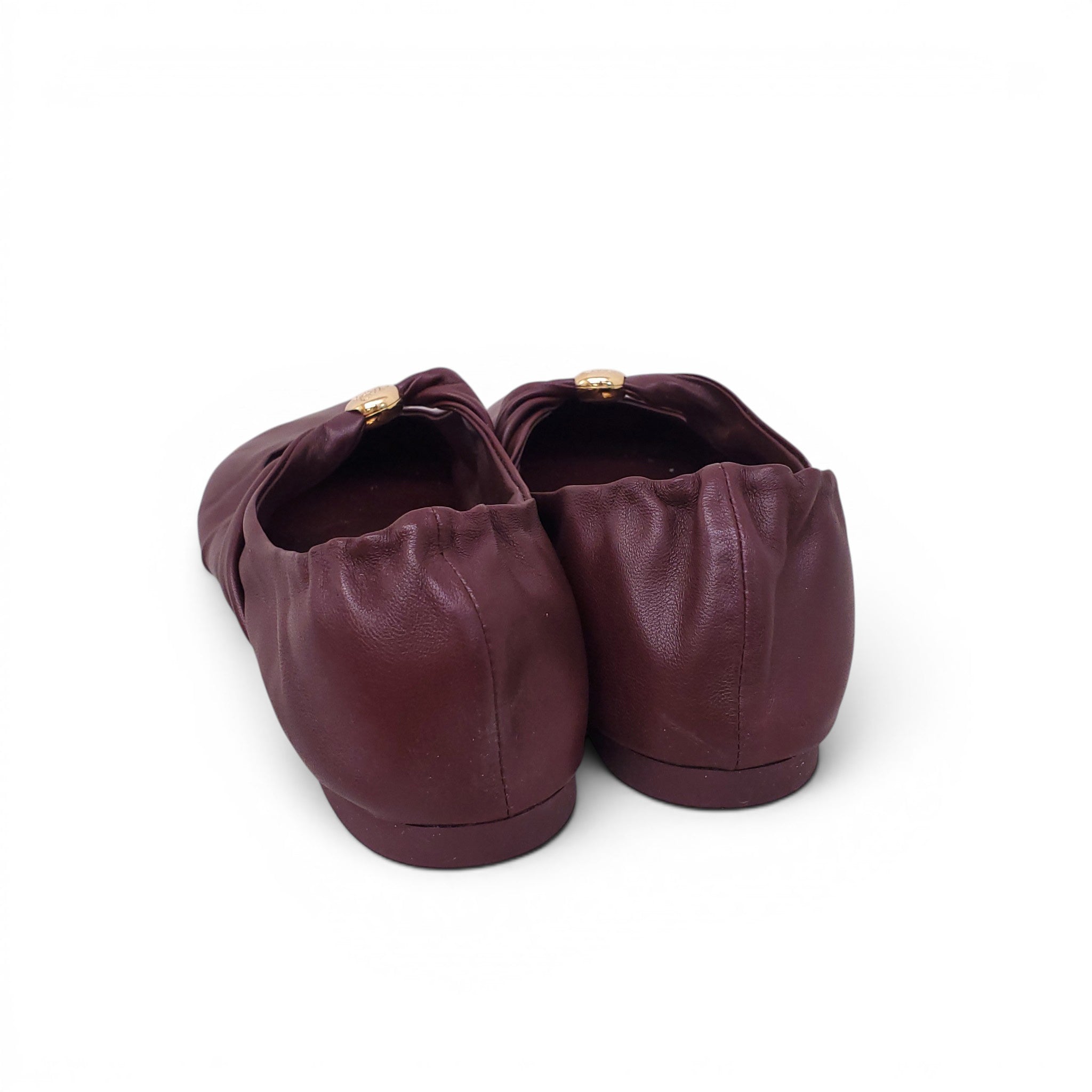 LOEWE MAROON LEATHER FLATS WITH GOLD ANAGRAM LOGO - SIZE 36