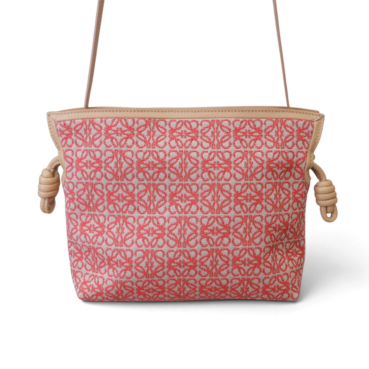LOEWE MINI FLAMENCO IN RED JACQUARD/WARM DESSERT LEATHER WITH STRAP