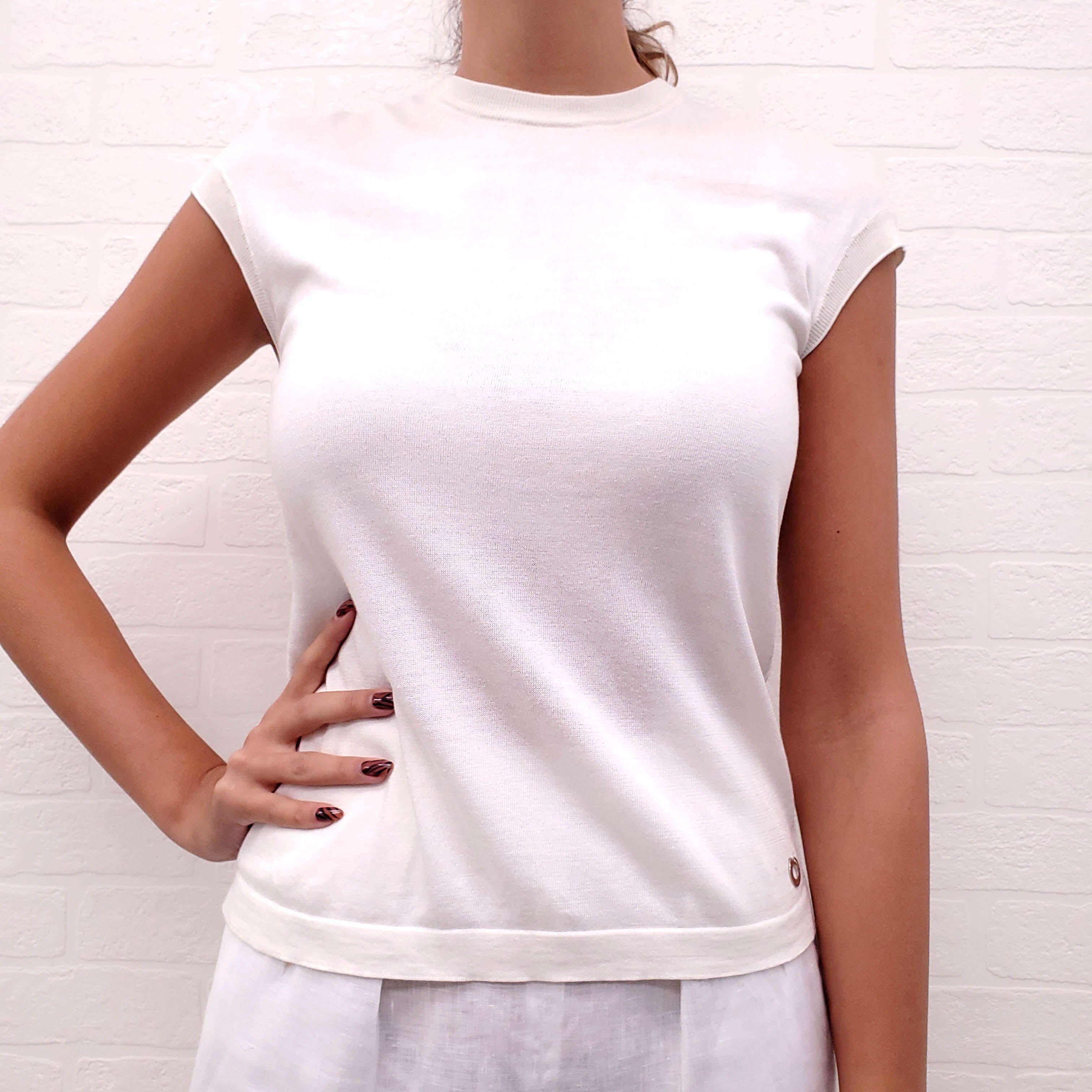 LORO PIANA SHORT SLEEVE CREAM SWEATER WITH LOGO - SIZE 38