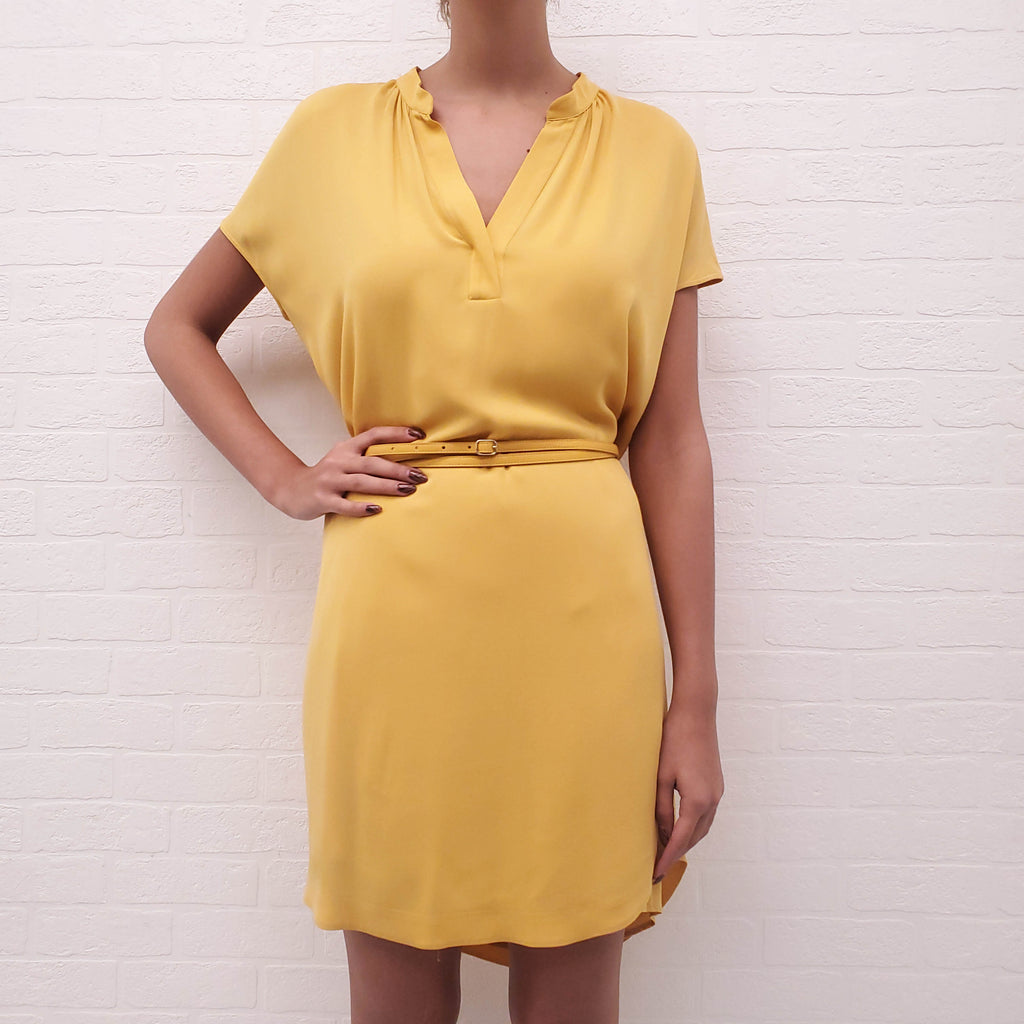 LORO PIANA YELLOW SILK DRESS WITH LEATHER BELT - SIZE 42