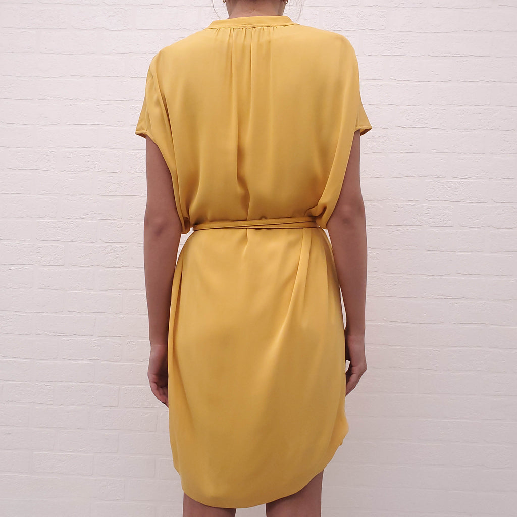 LORO PIANA YELLOW SILK DRESS WITH LEATHER BELT - SIZE 42