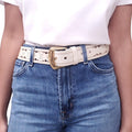 LOUIS VUITTON CREAM LOGO LAZER CUT BELT - SIZE 85