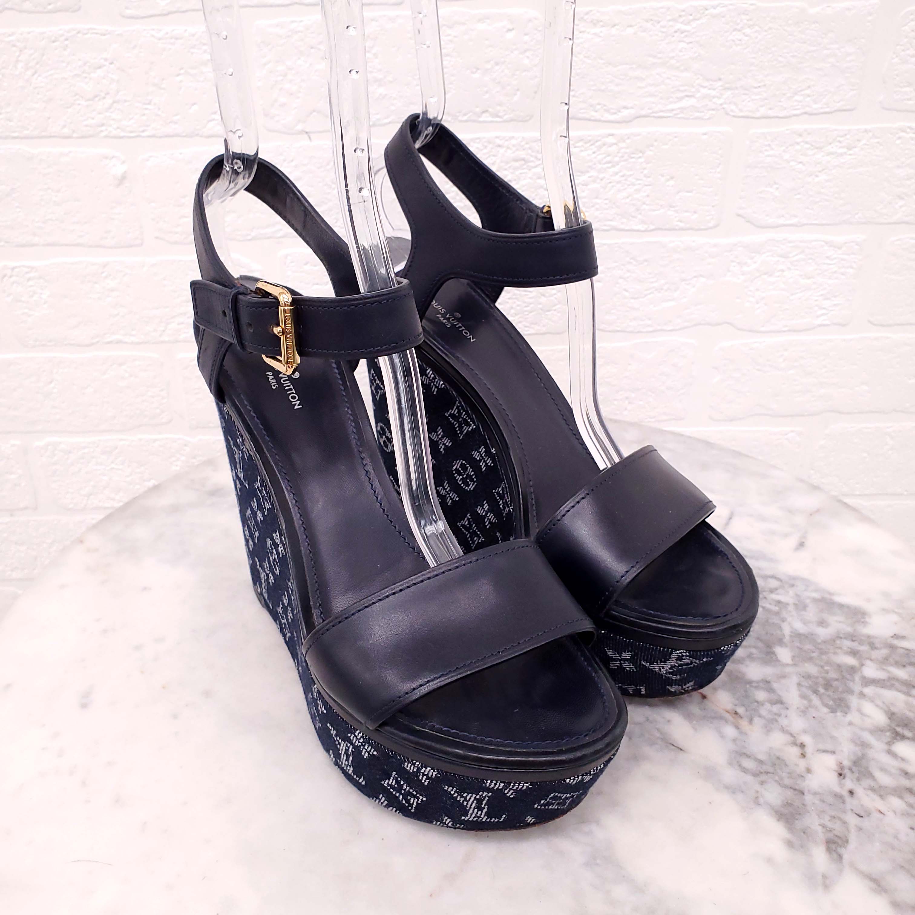 LOUIS VUITTON LOGO DENIM WEDGES - SIZE 40