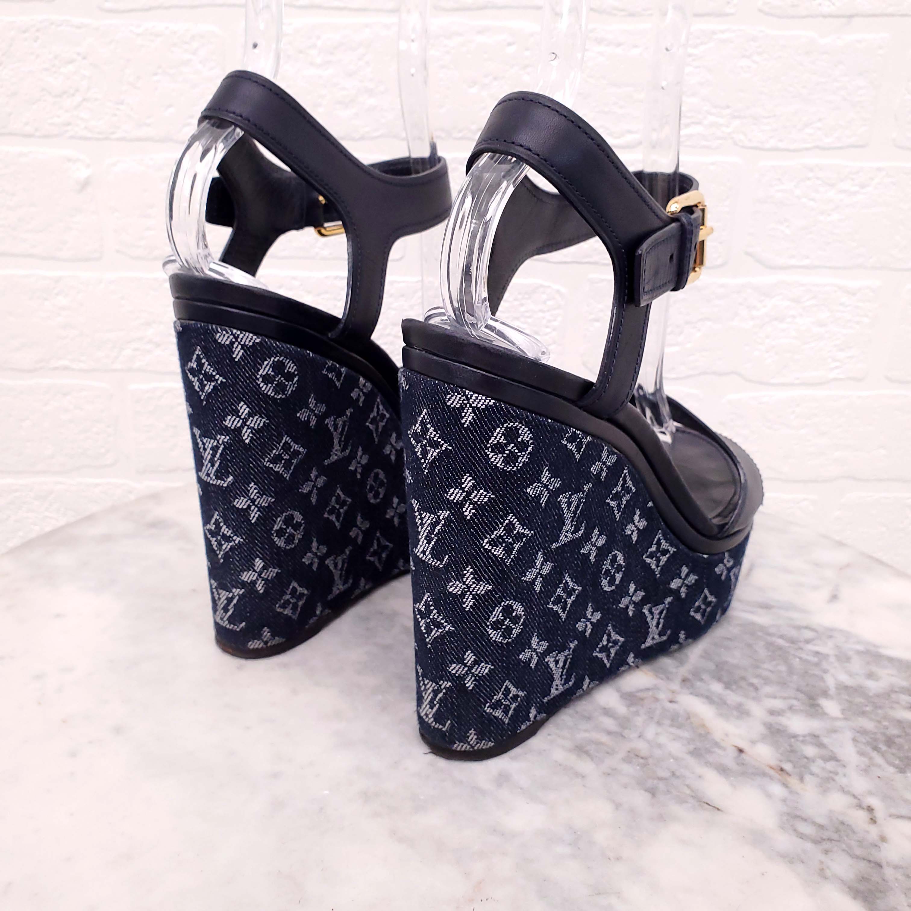 LOUIS VUITTON LOGO DENIM WEDGES - SIZE 40
