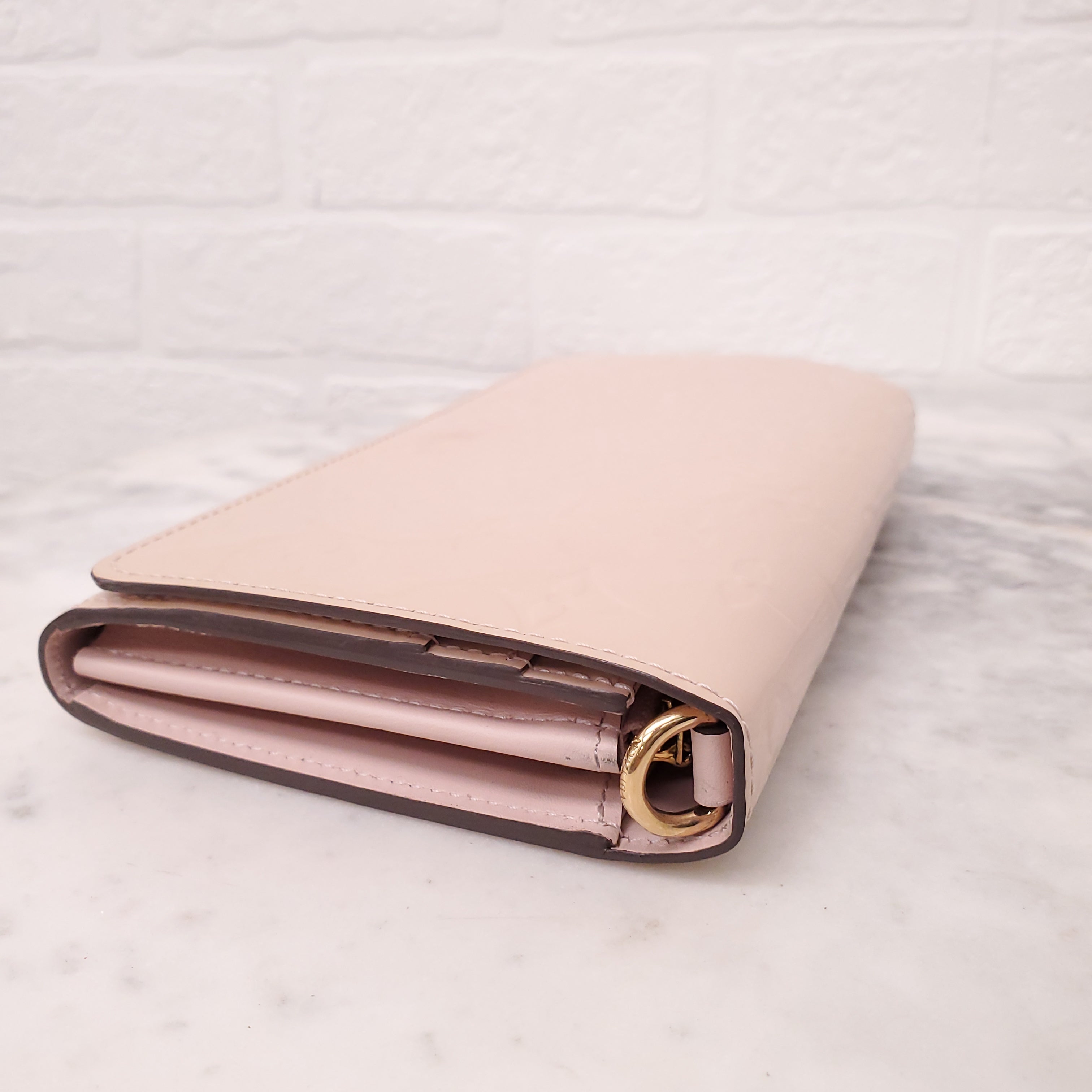 LOUIS VUITTON PALE PINK PATENT MONOGRAM WALLET ON CHAIN