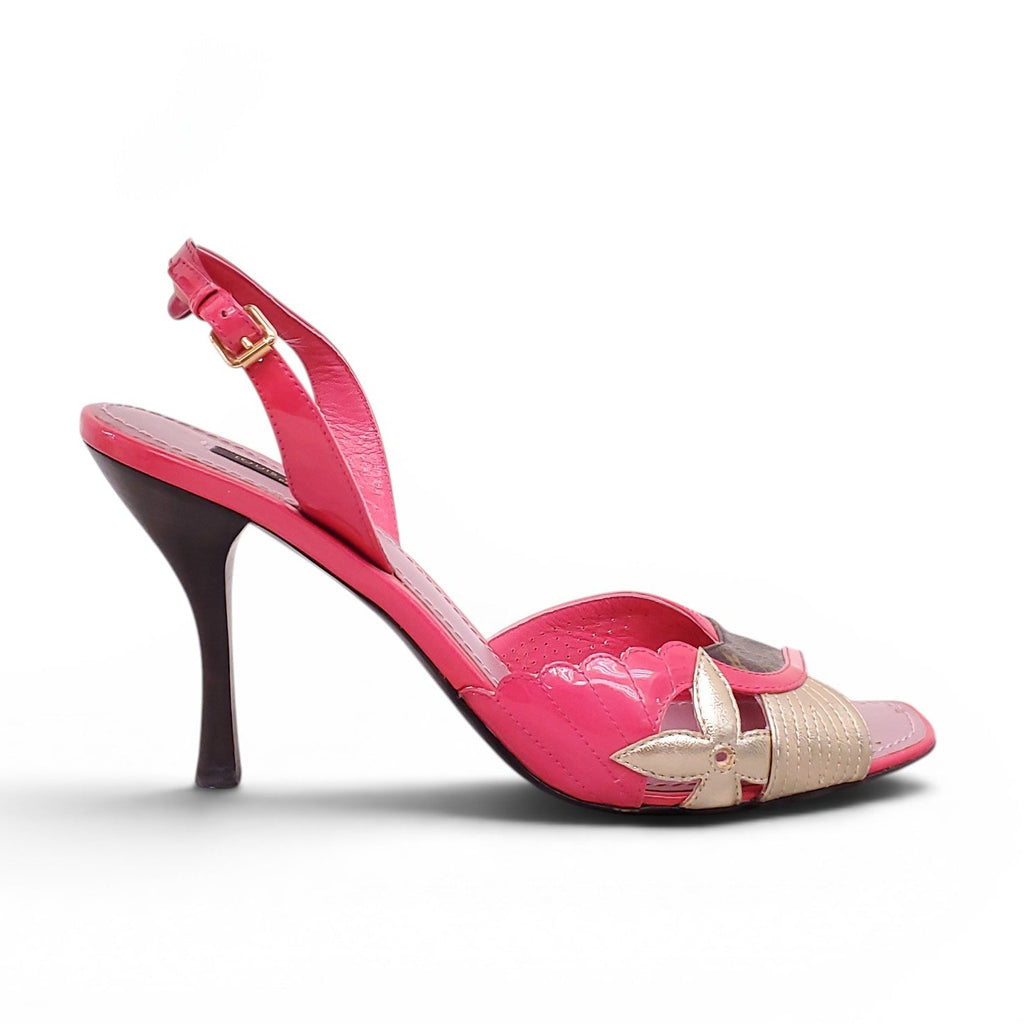 LOUIS VUITTON PINK PATENT LEATHER AND MONOGRAM HEELS - SIZE 39.5