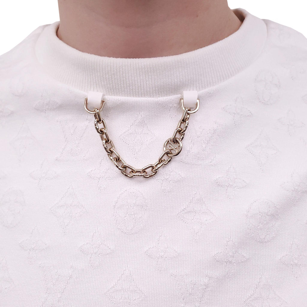 LOUIS VUITTON WHITE KNIT LOGO SHIRT WITH CHAIN DETAIL - SIZE M