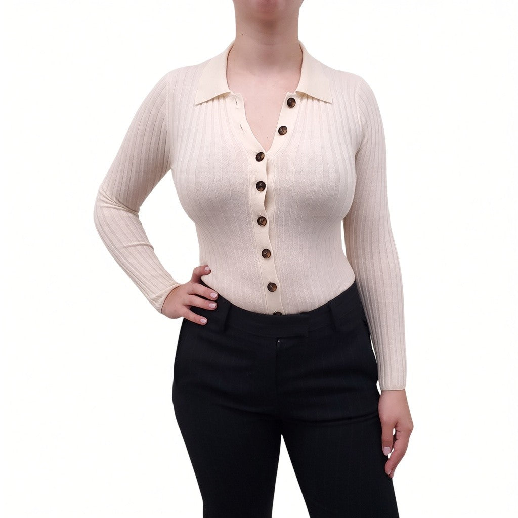 LOULOU STUDIO CREAM RIBBED LONG SLEEVE BODYSUIT WITH BUTTONS - SIZE XS