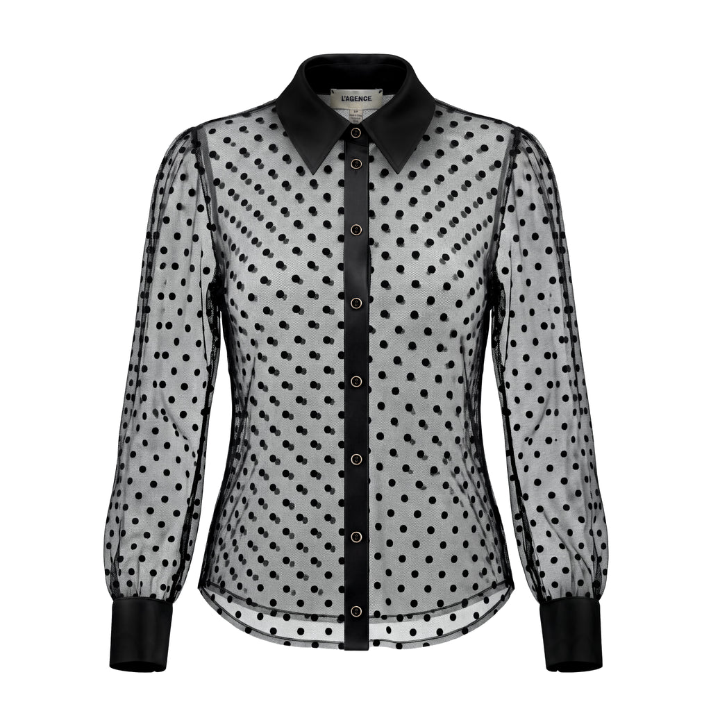 L’AGENCE BLACK SHEER POLKA DOT BLOUSE - SIZE S