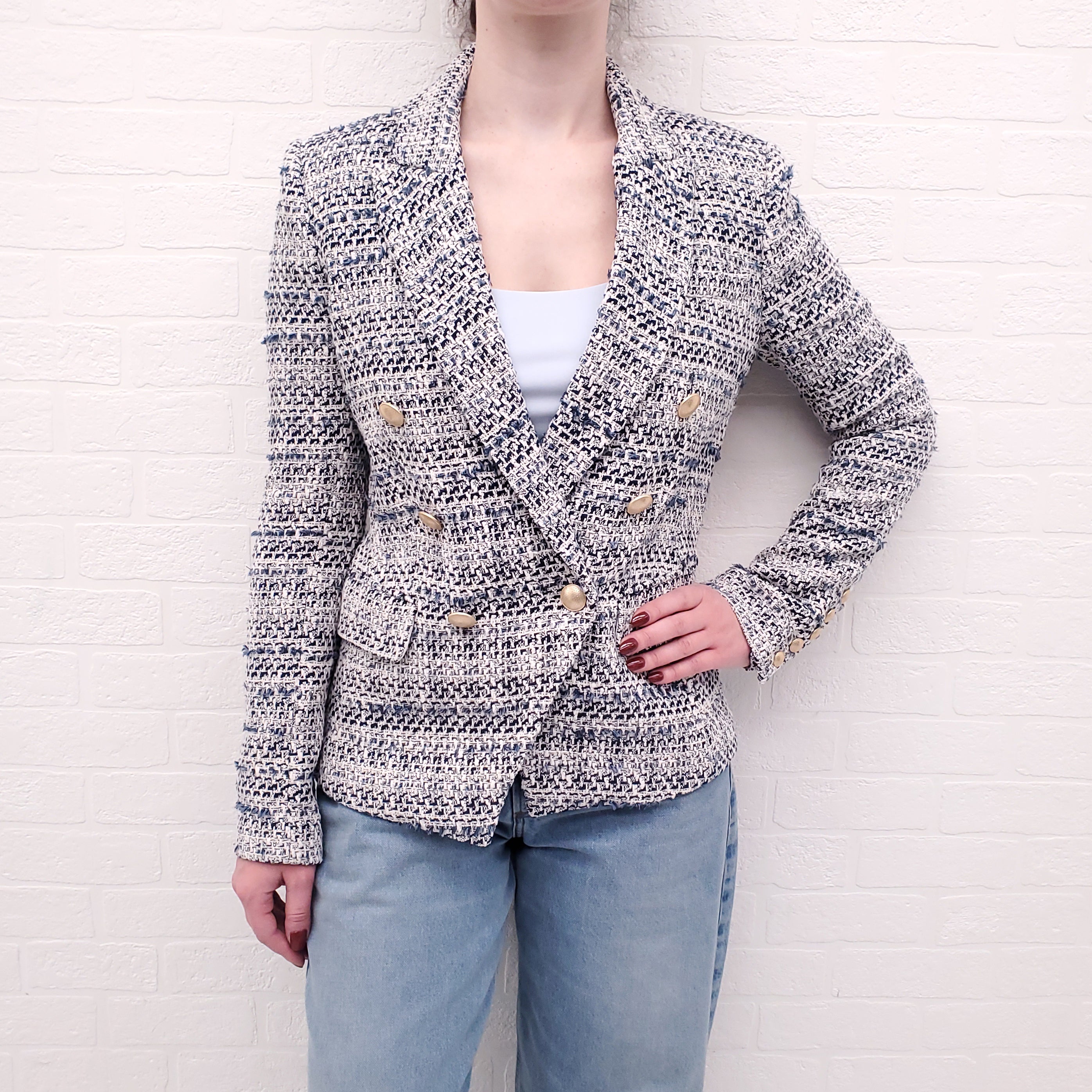 L'AGENCE BLUE & WHITE TWEED JACKET - SIZE 4