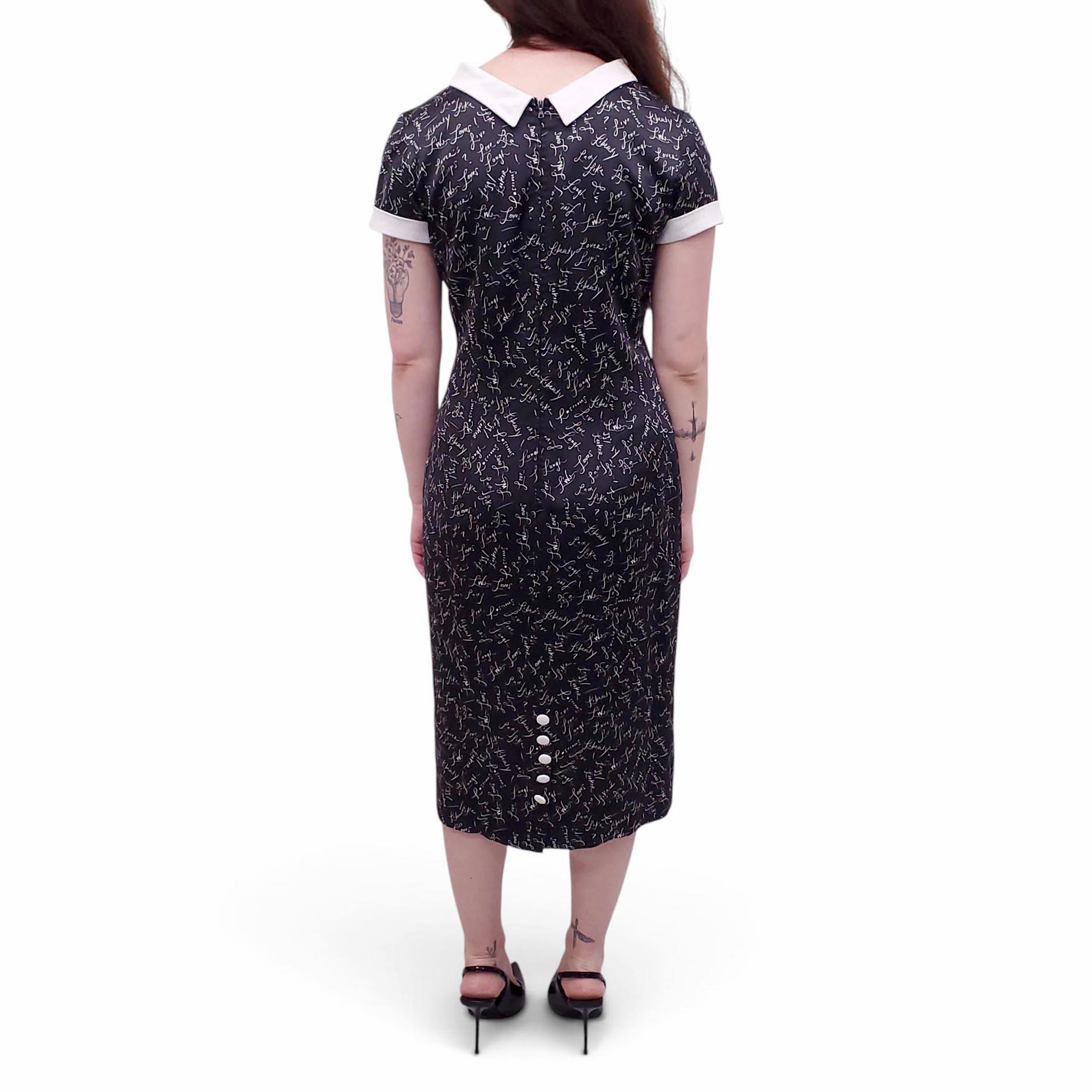 L'WREN SCOTT PROPAGANDA BLACK CURSIVE DRESS WITH COLLAR - SIZE 44